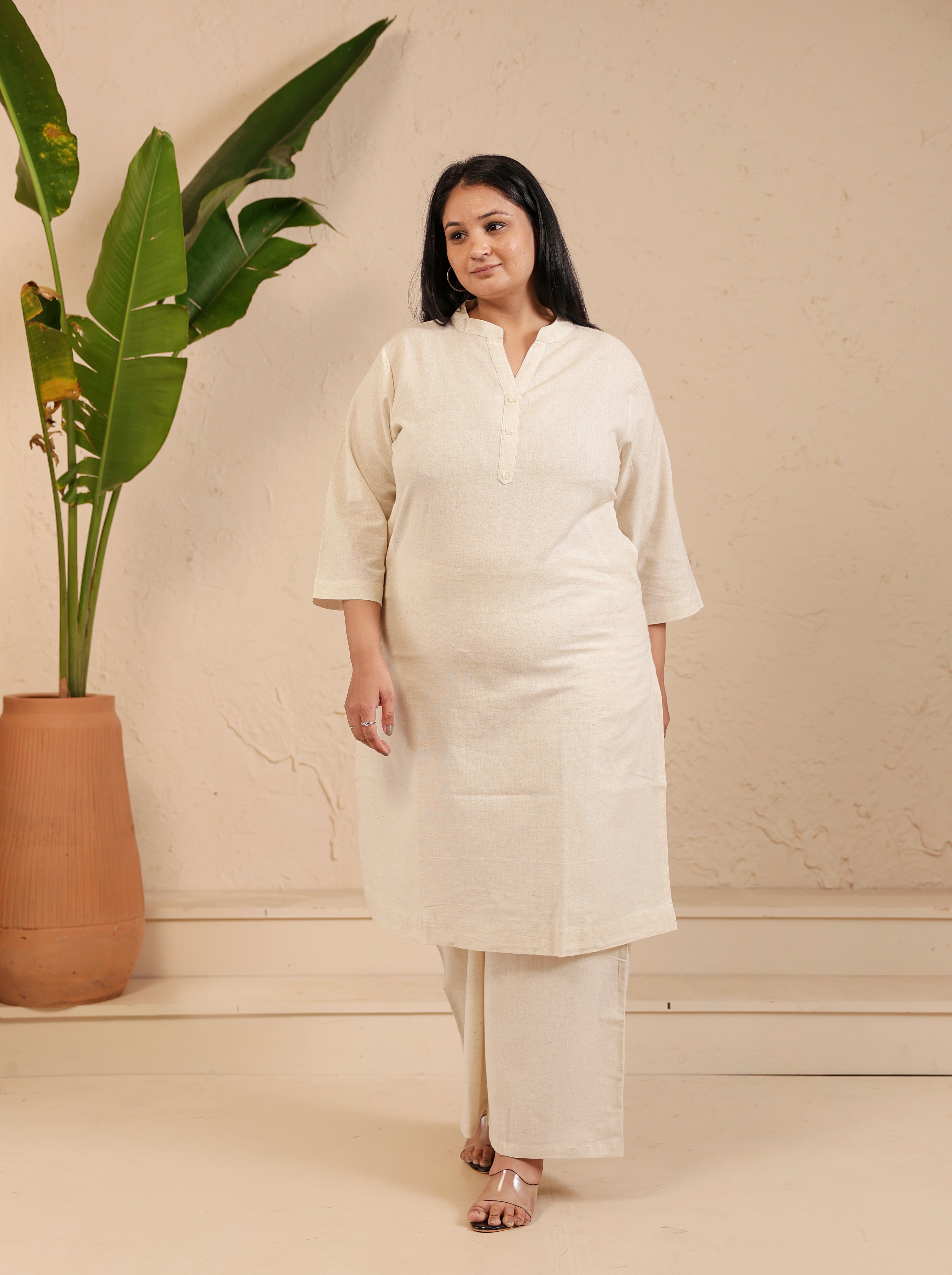 Ecru Airy Linen Long Kurta Co-ord Set