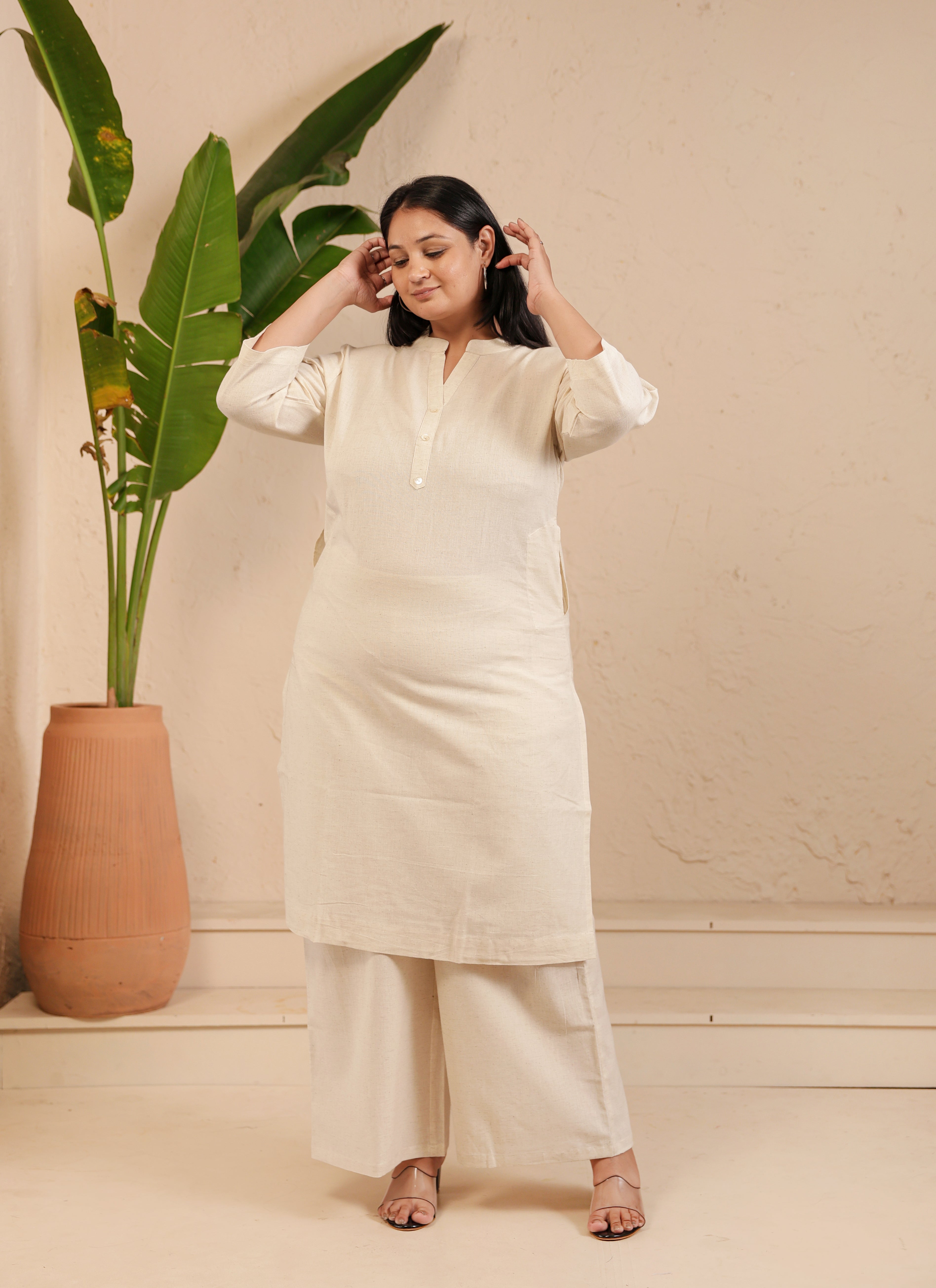 Ecru Airy Linen Long Kurta Co-ord Set