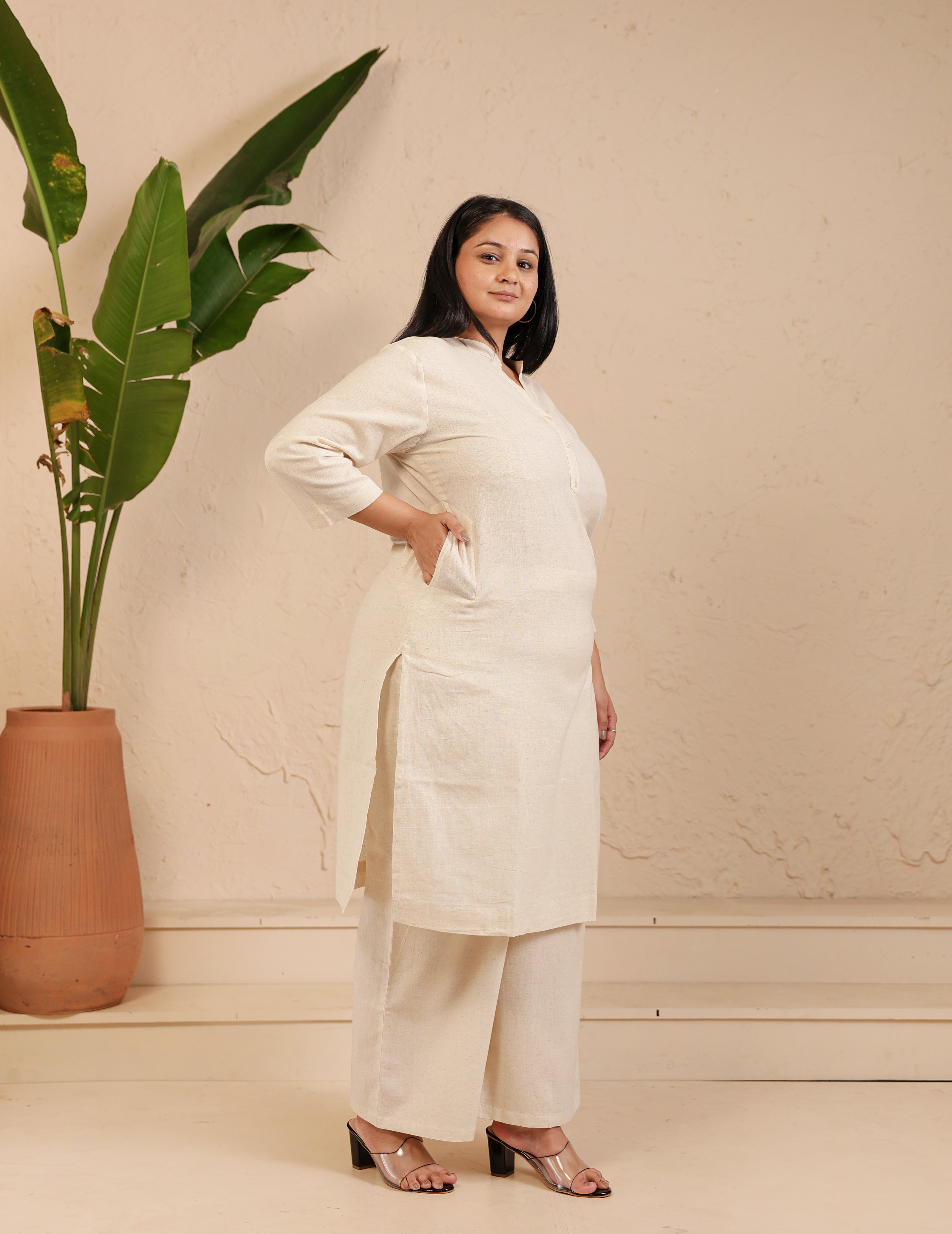 Ecru Airy Linen Long Kurta Co-ord Set