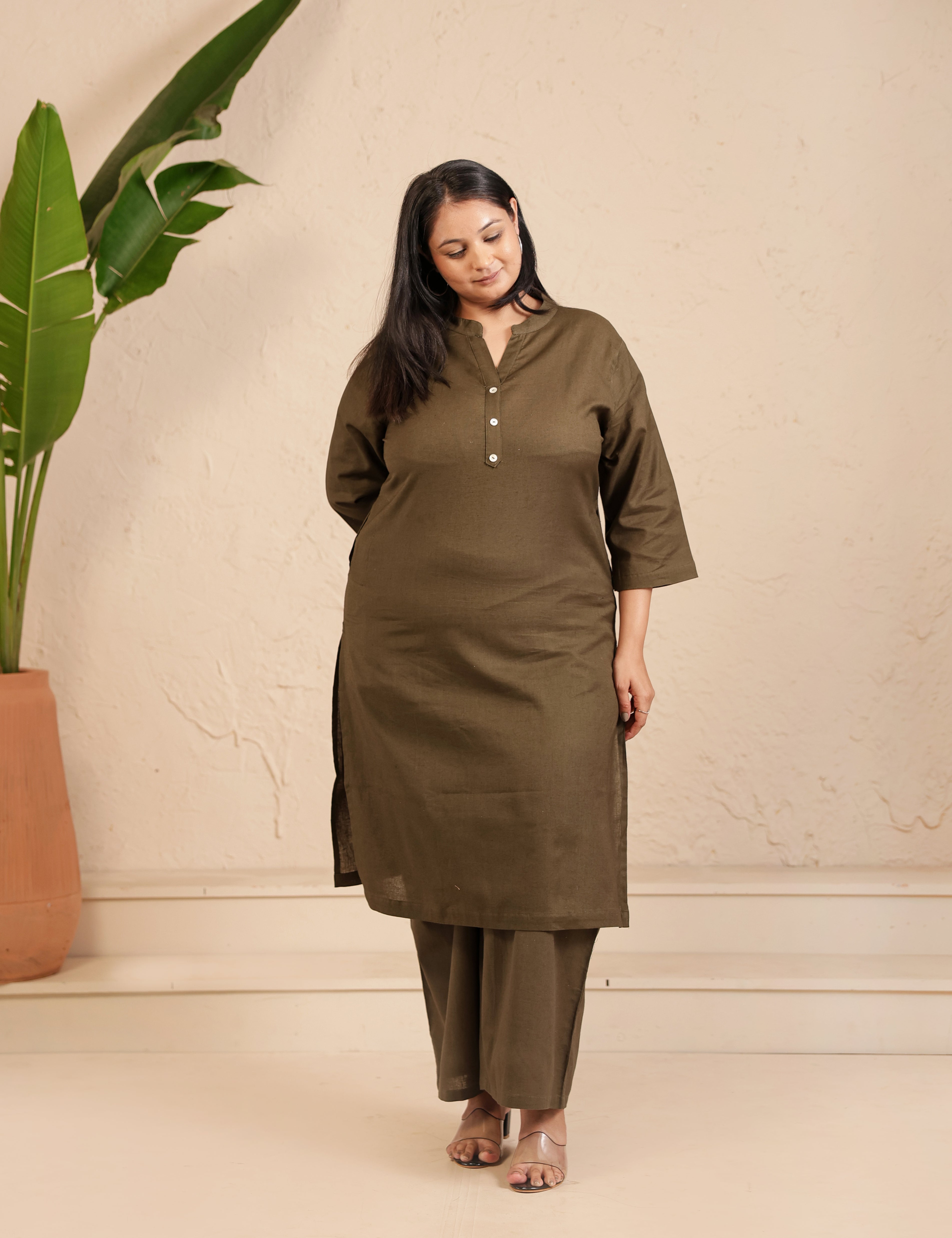 Olive Green Airy Linen Long Kurta Co-ord Set