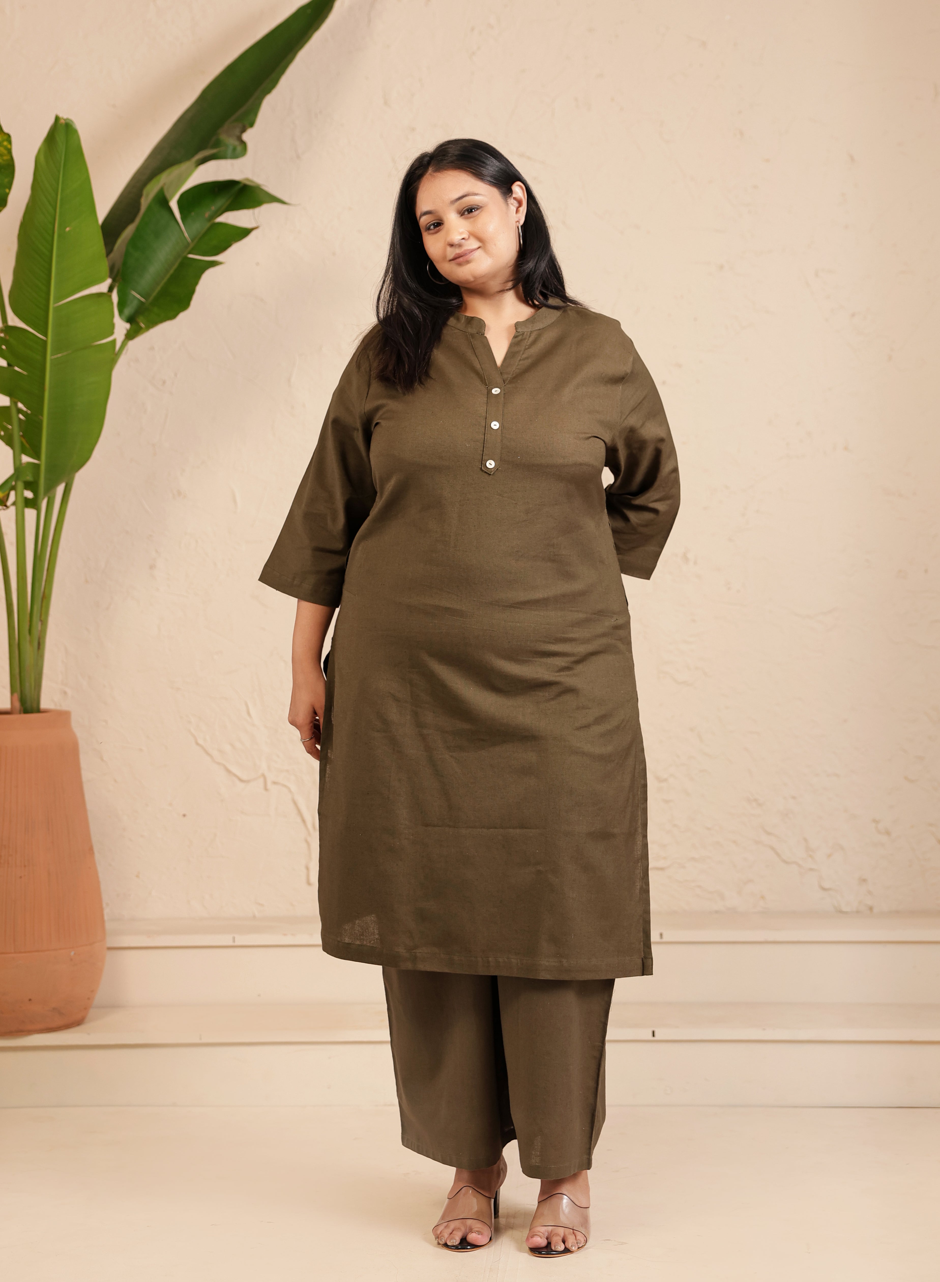 Olive Green Airy Linen Long Kurta Co-ord Set