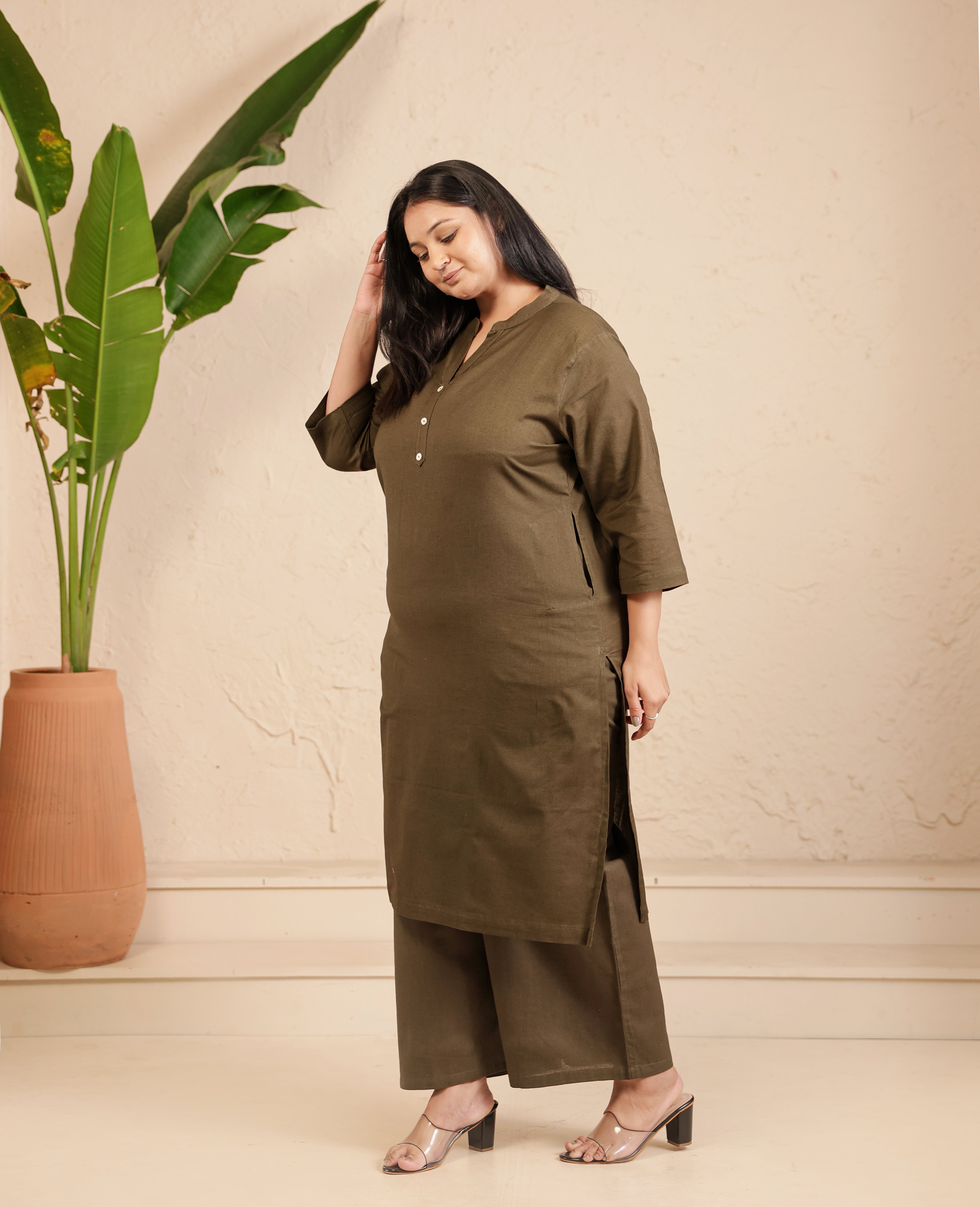 Olive Green Airy Linen Long Kurta Co-ord Set