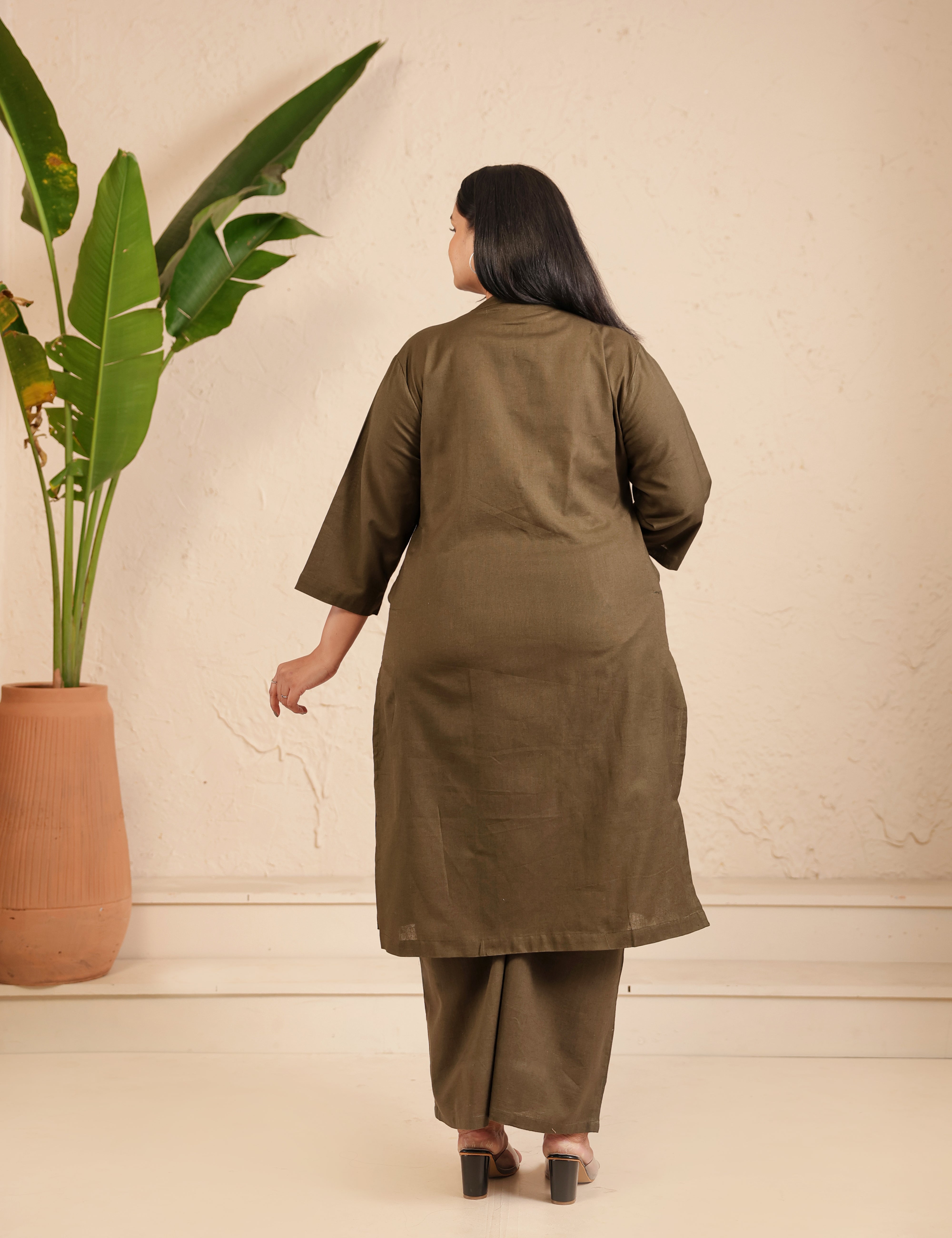 Olive Green Airy Linen Long Kurta Co-ord Set