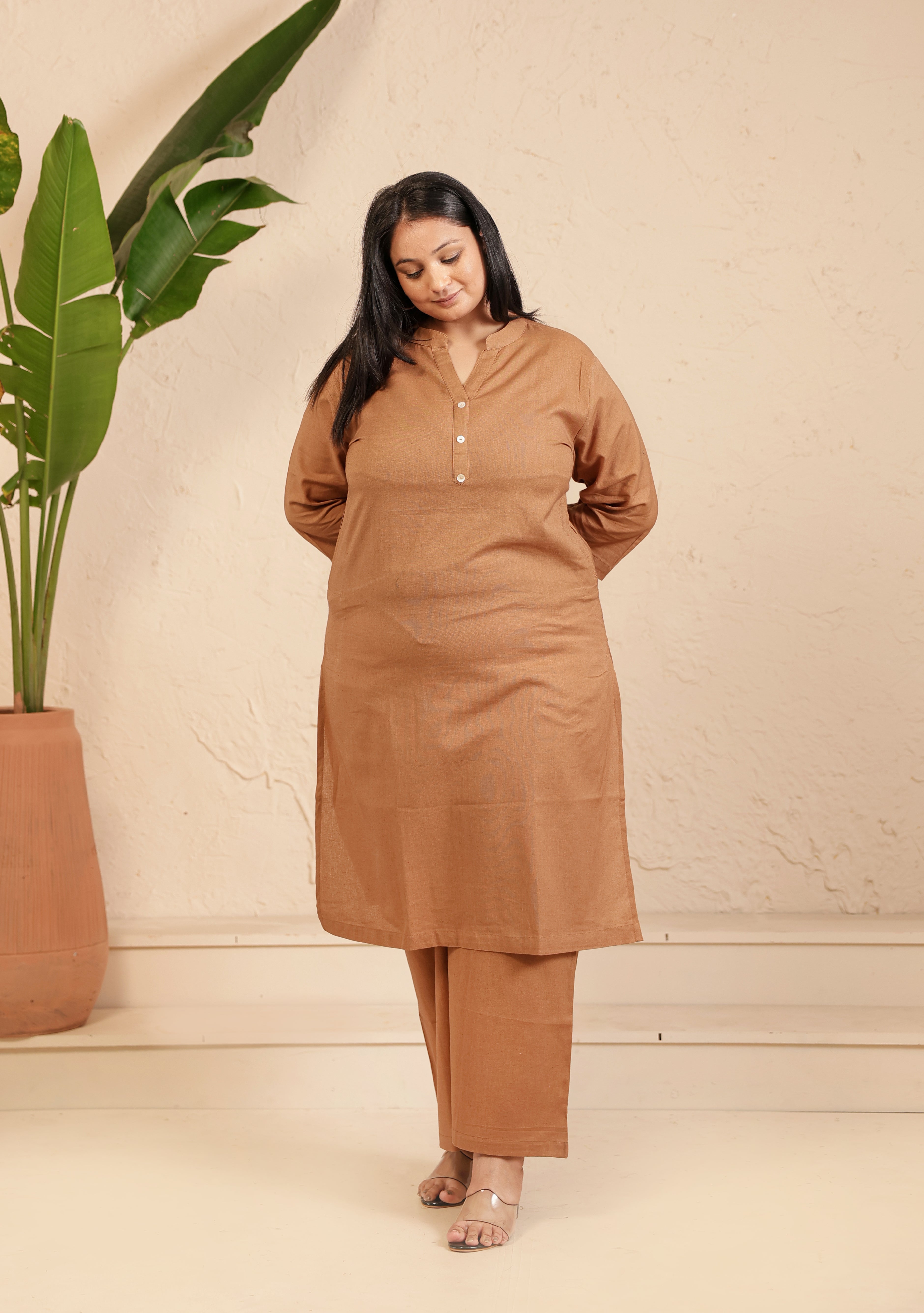 Camel Brown Airy Linen Long Kurta Co-ord Set