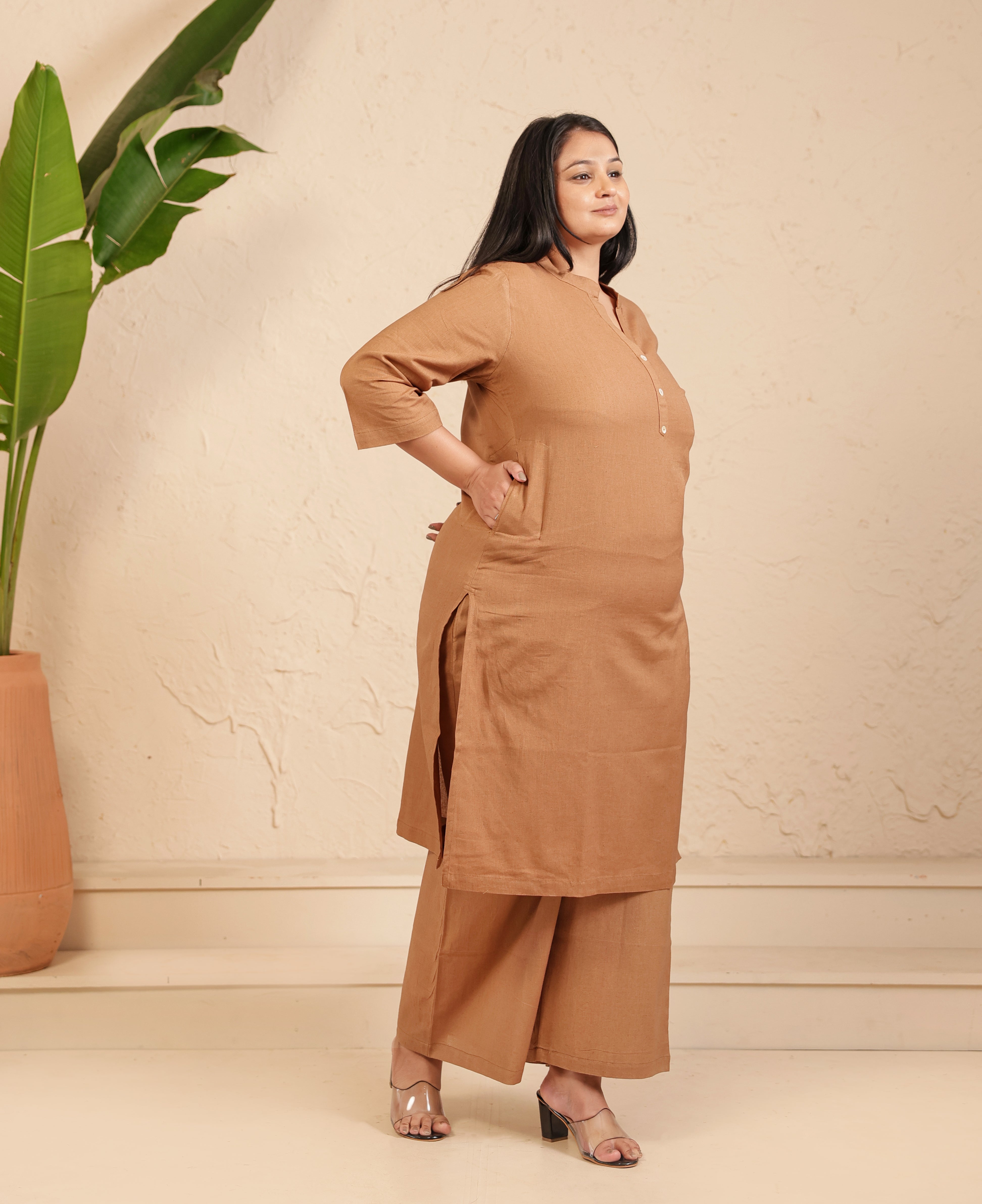 Camel Brown Airy Linen Long Kurta Co-ord Set