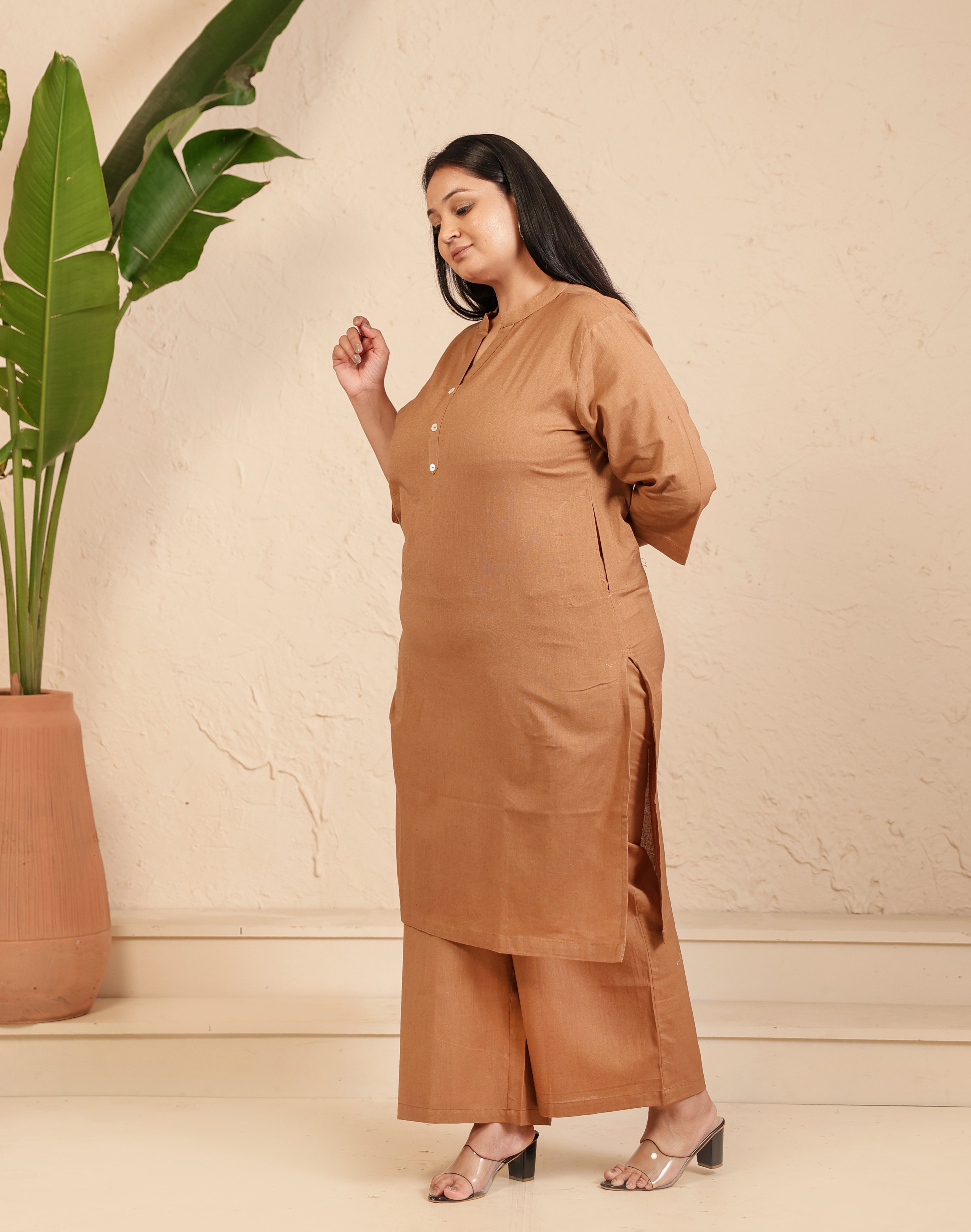Camel Brown Airy Linen Long Kurta Co-ord Set