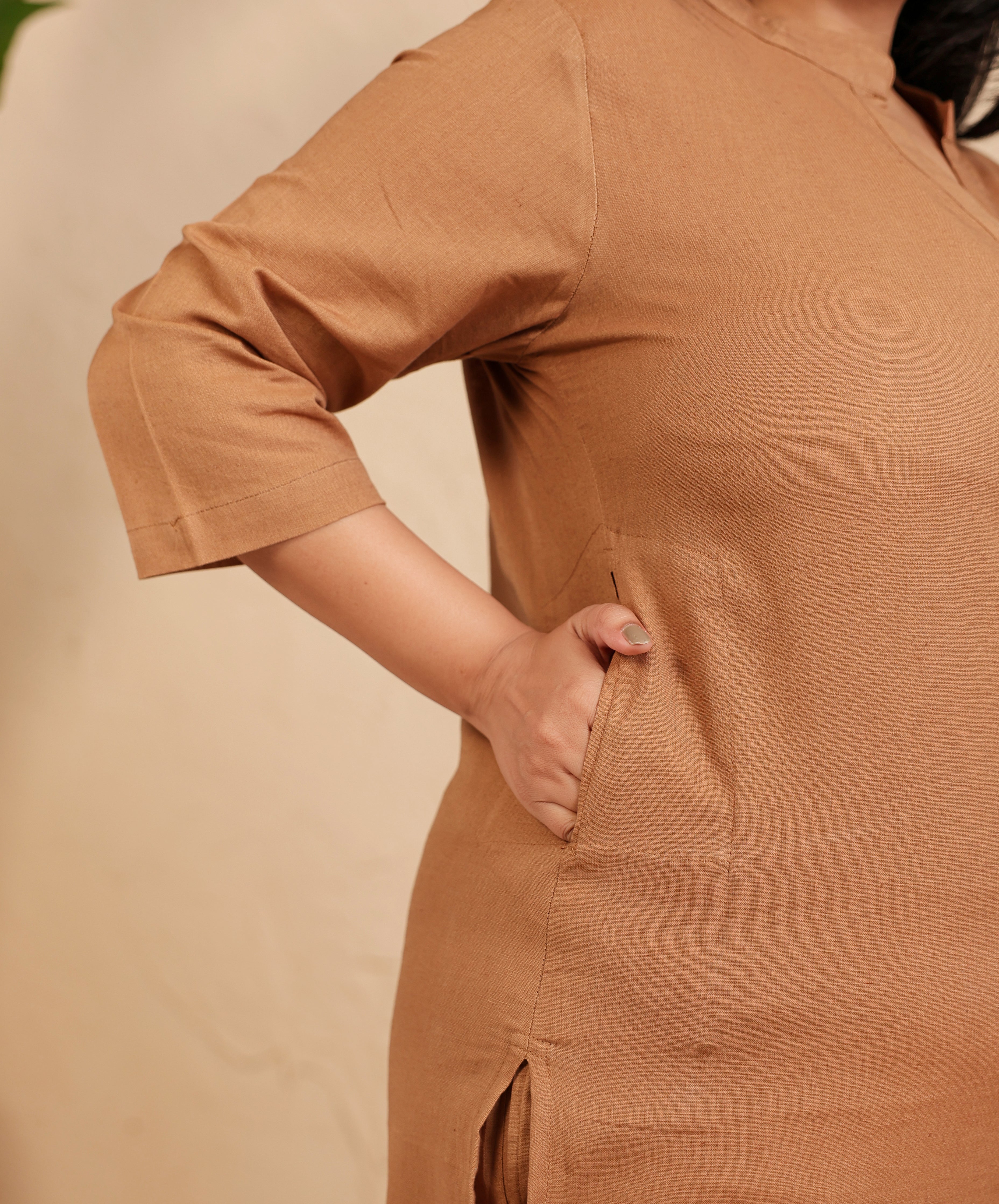 Camel Brown Airy Linen Long Kurta Co-ord Set