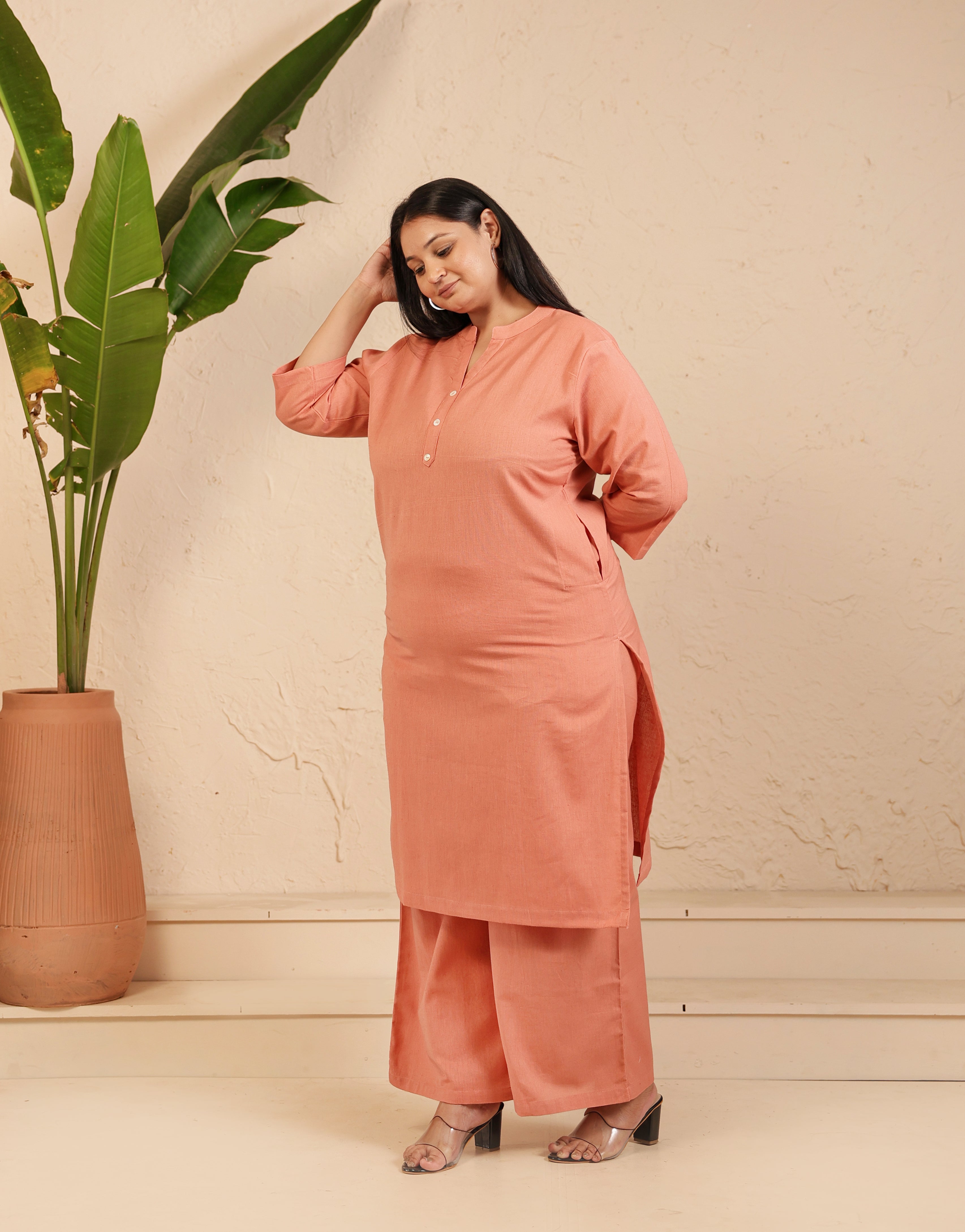 Rose Taupe Airy Linen Long Kurta Co-ord Set