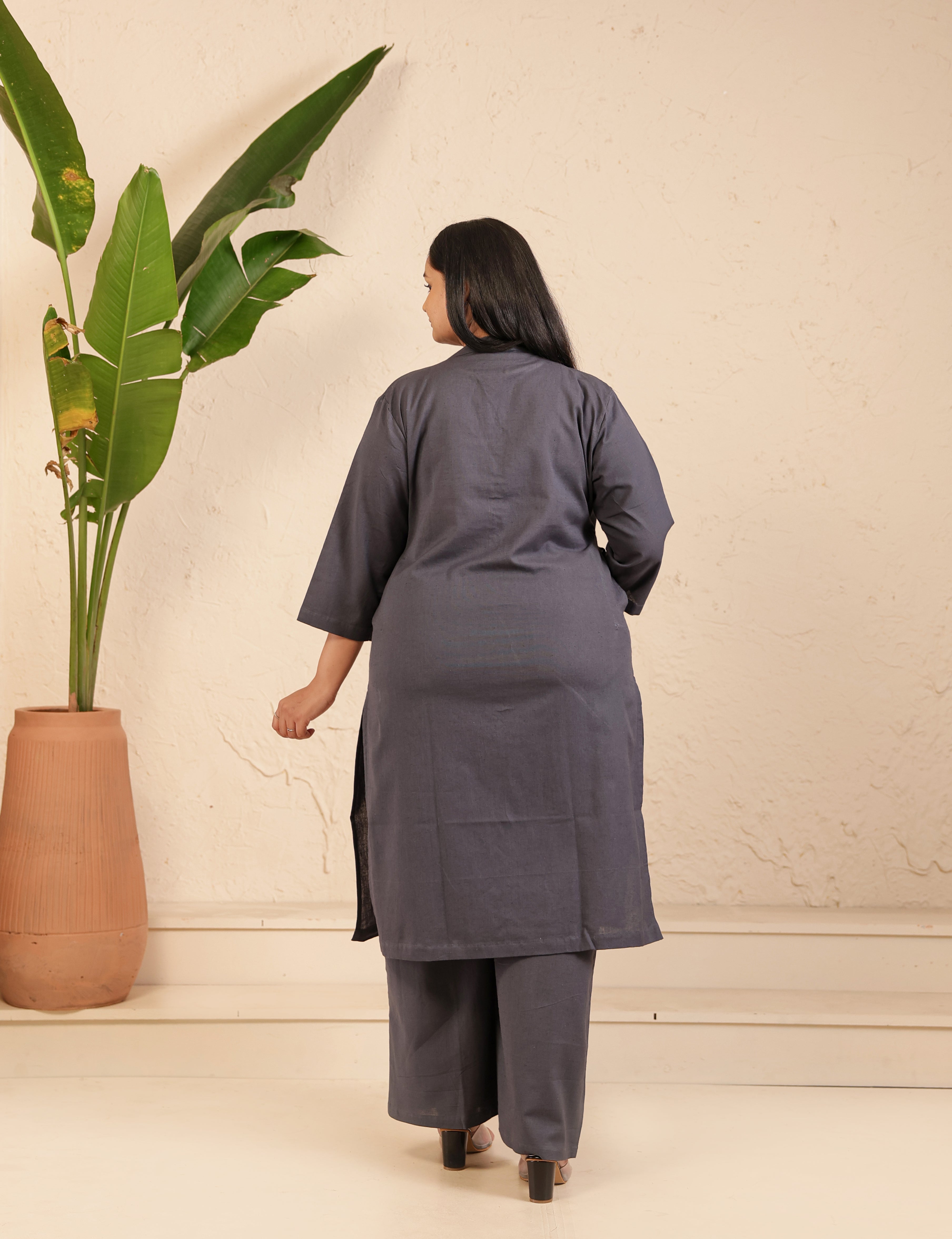 Cement Grey Airy Linen Long Kurta Co-ord Set