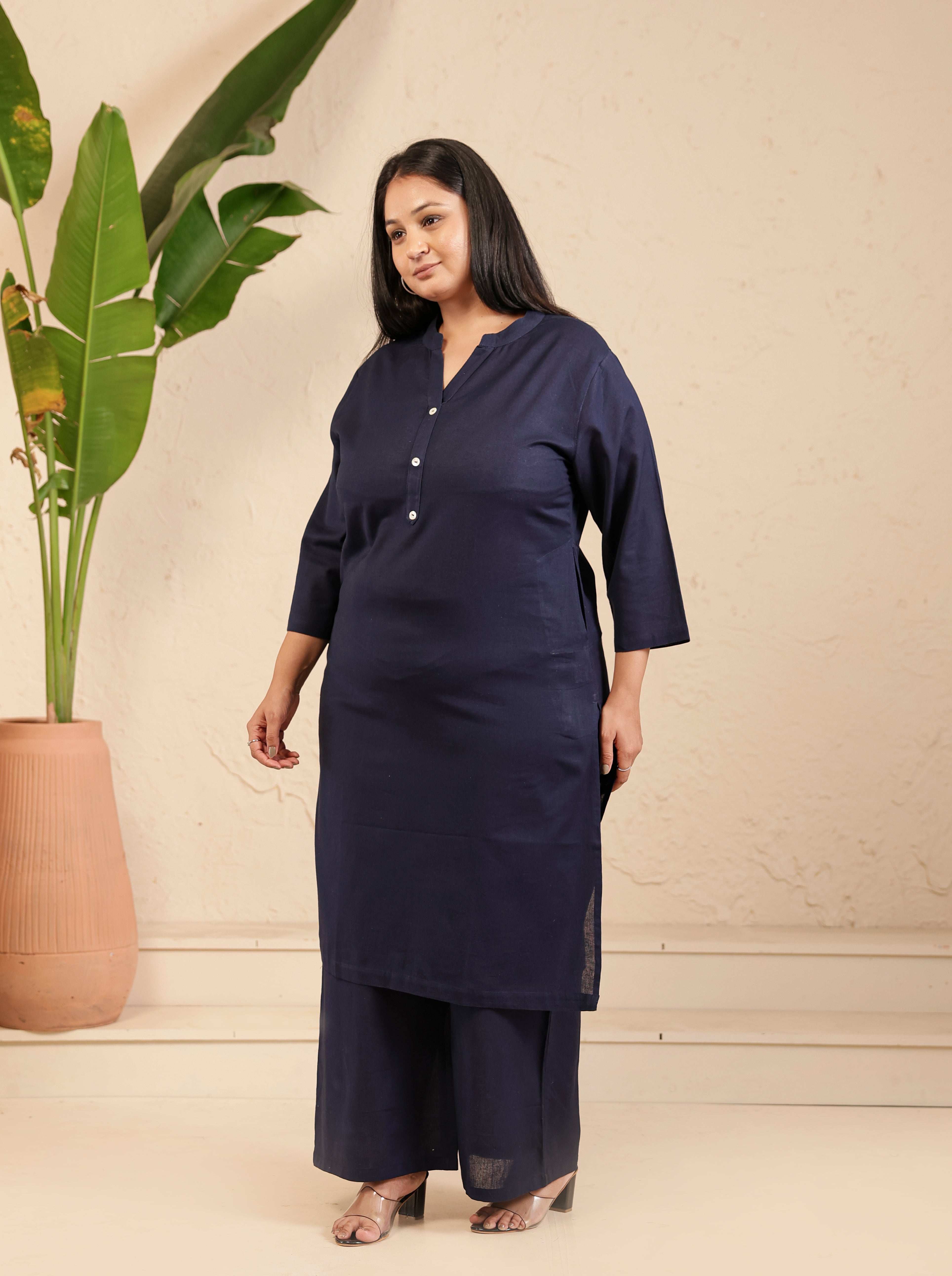 Navy Blue Airy Linen Long Kurta Co-ord Set