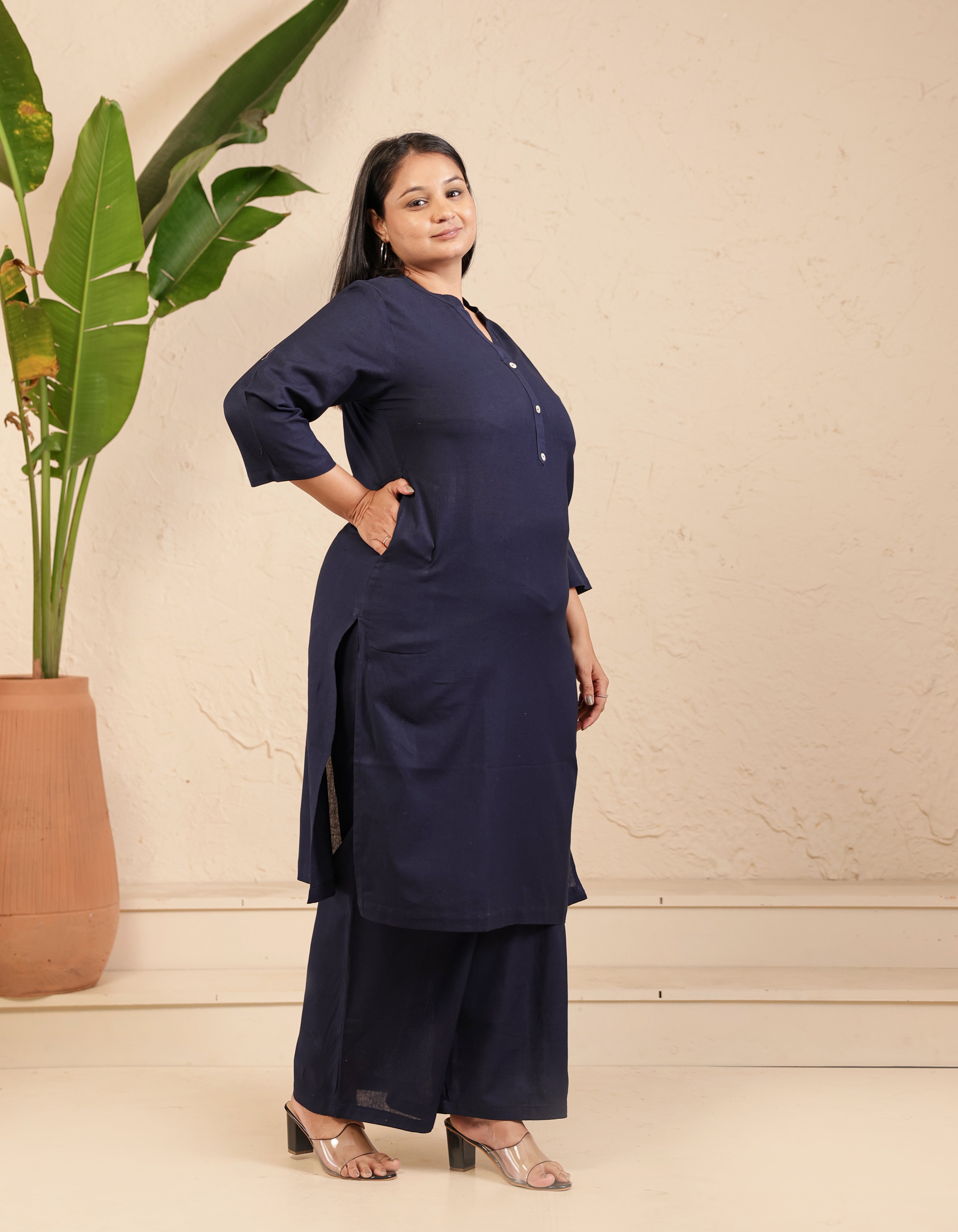 Navy Blue Airy Linen Long Kurta Co-ord Set