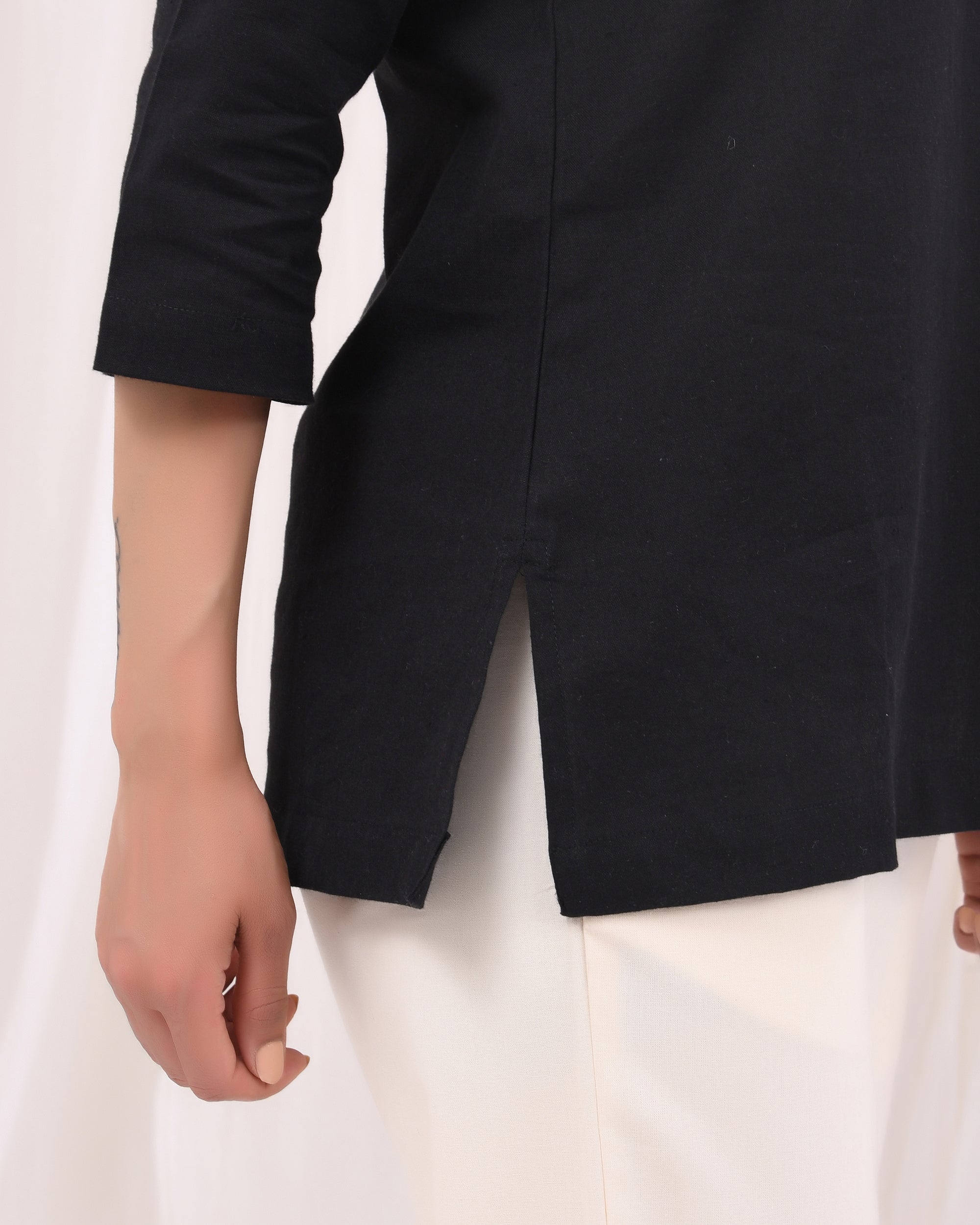 Kohl Black Airy Linen Short Kurta