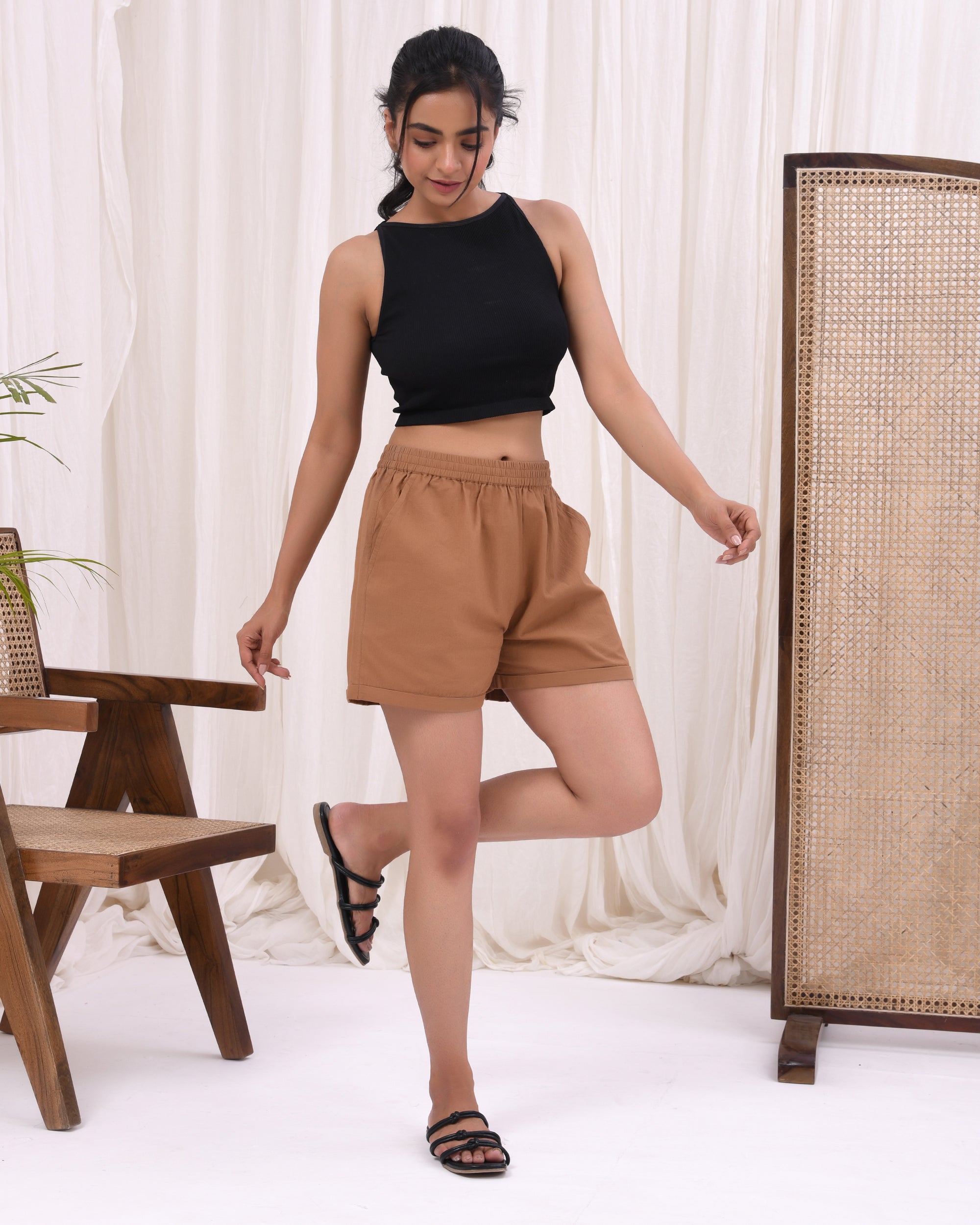 Camel Brown Cotton Shorts