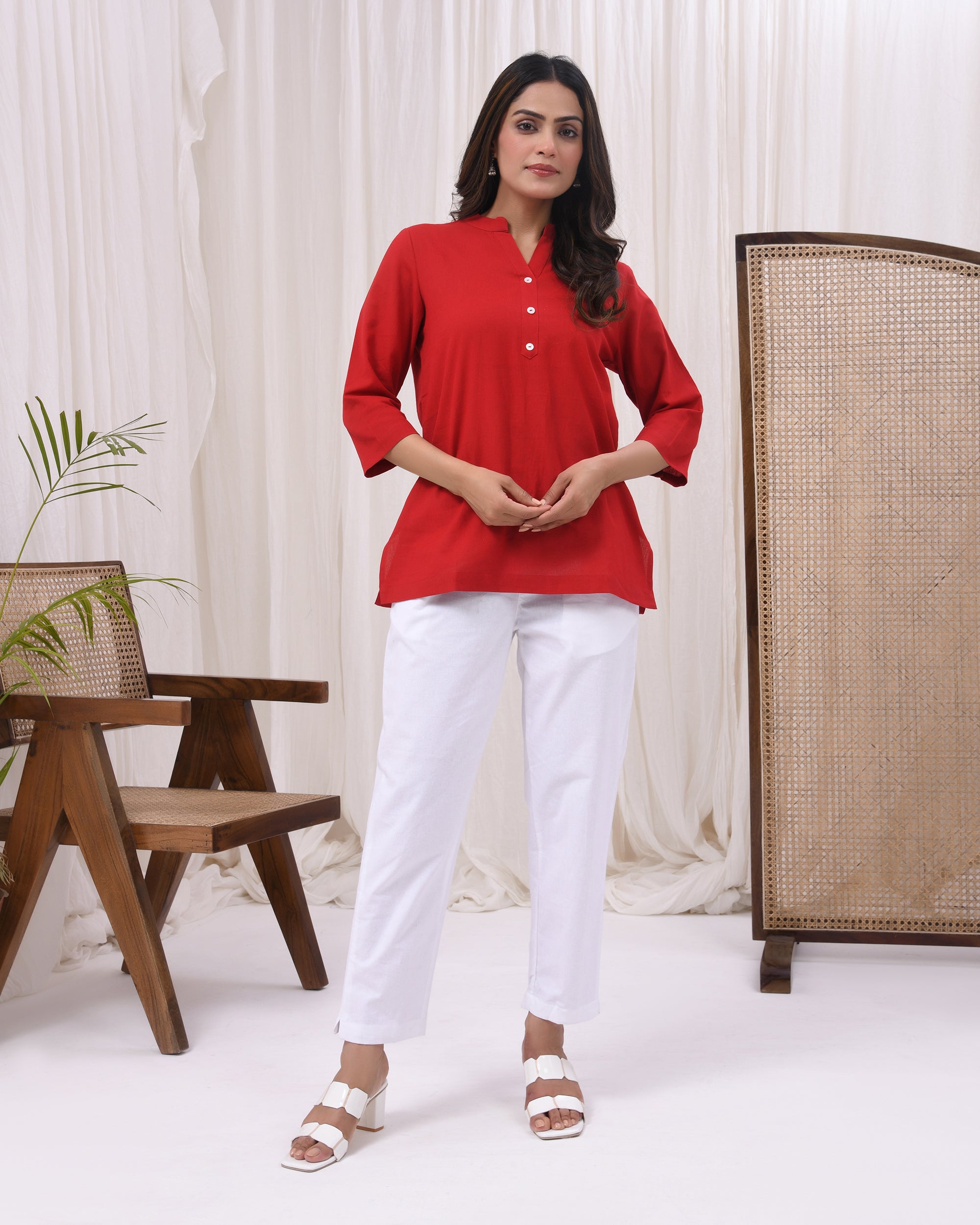 Fiery Red Airy Linen Short Kurta