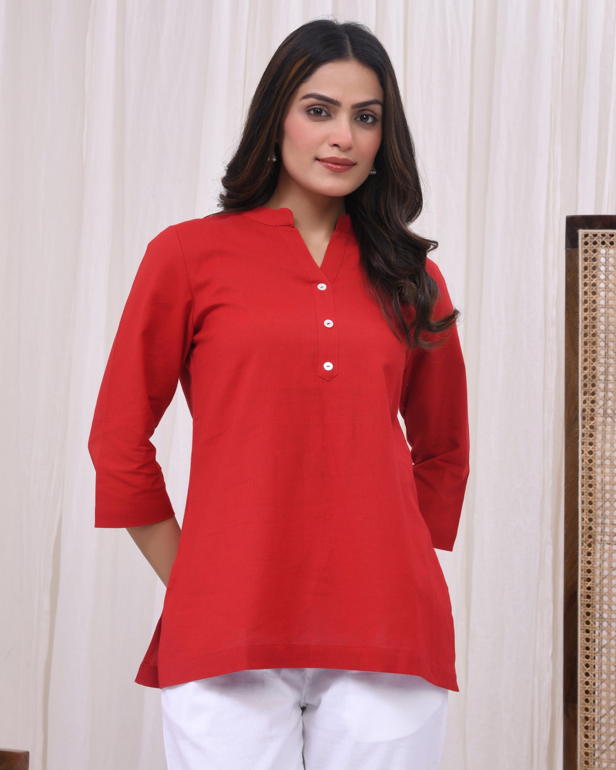 Fiery Red Airy Linen Short Kurta
