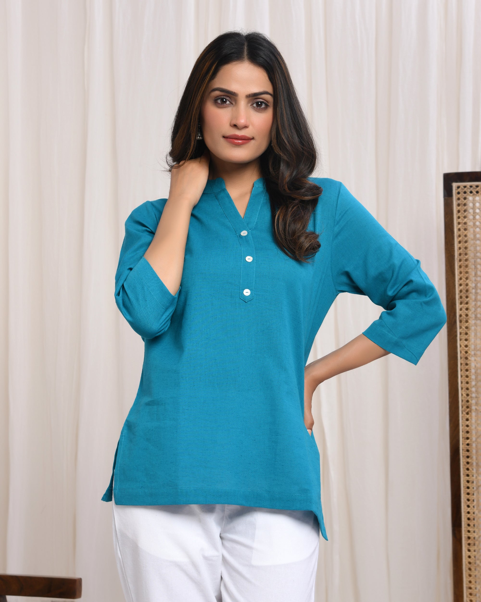 Turquoise Airy Linen Short Kurta