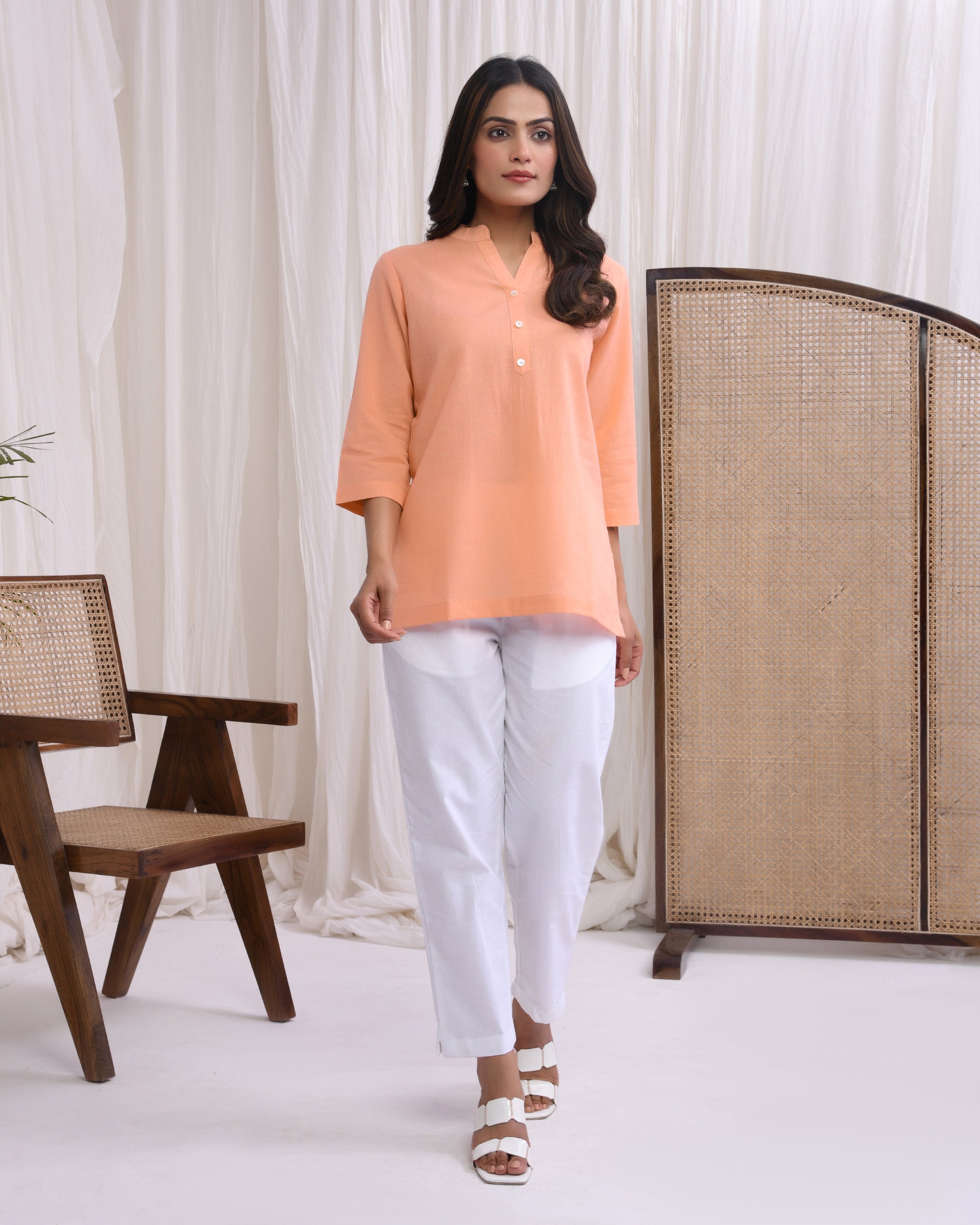 Peach Airy Linen Short Kurta