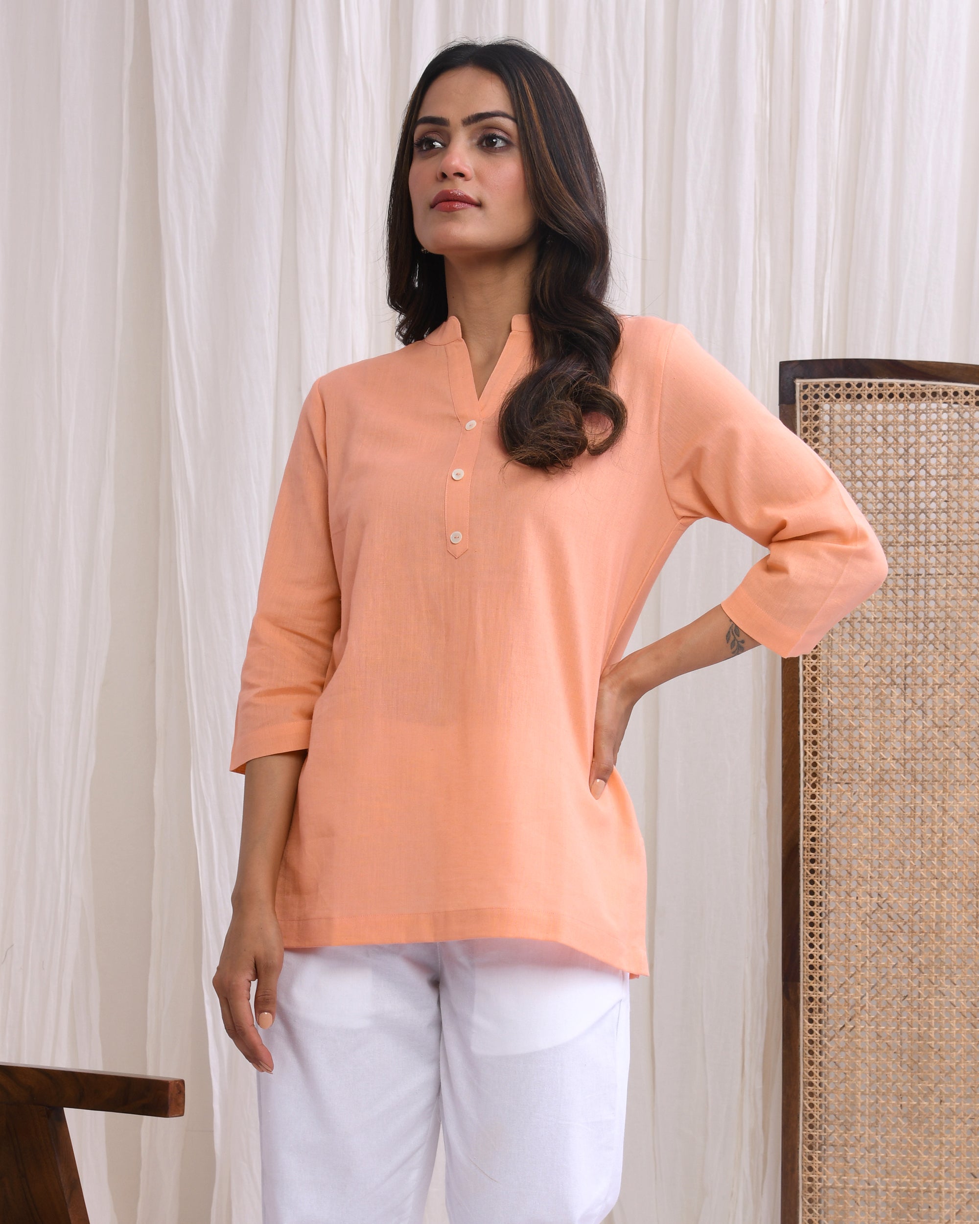 Peach Airy Linen Short Kurta