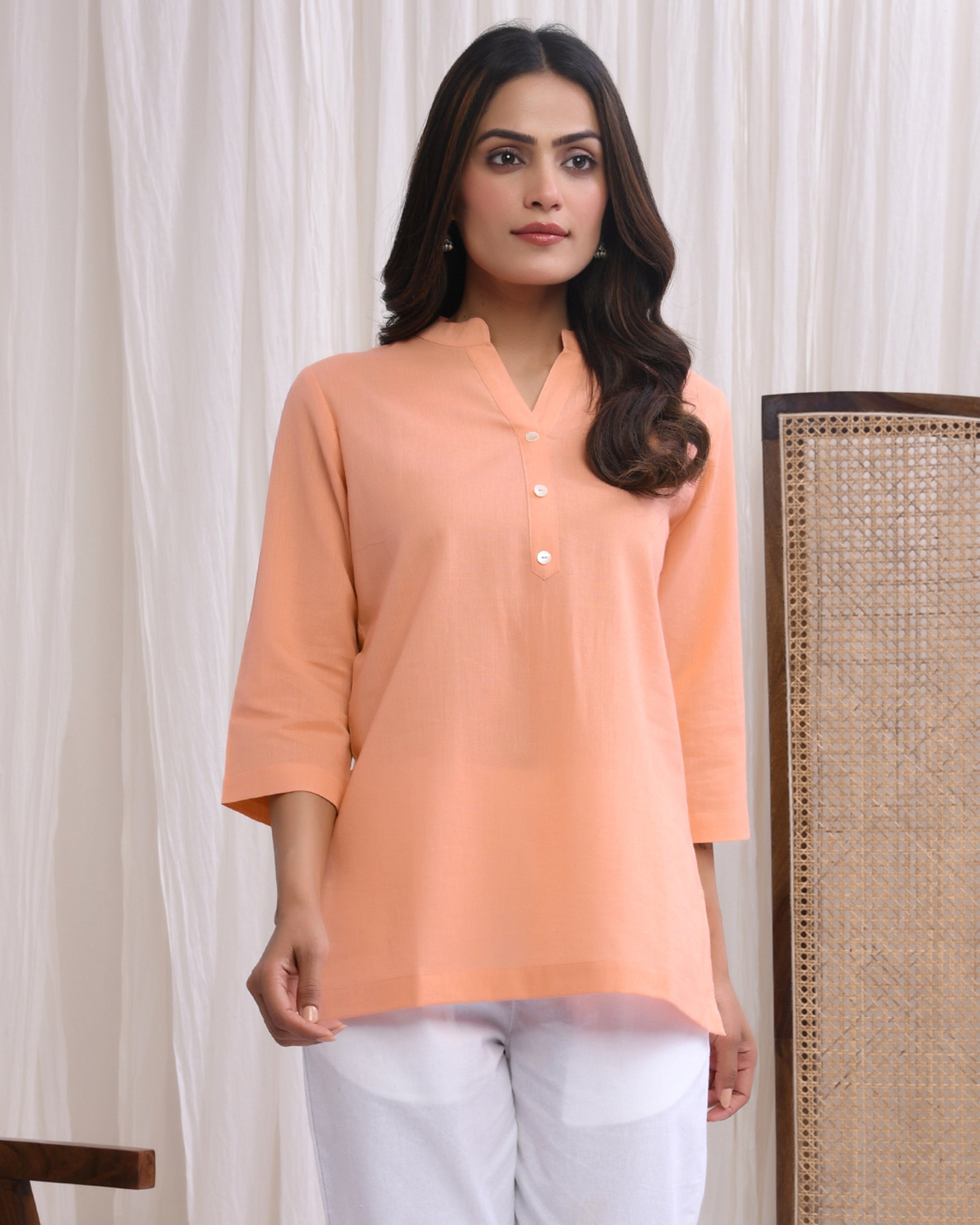 Peach Airy Linen Short Kurta
