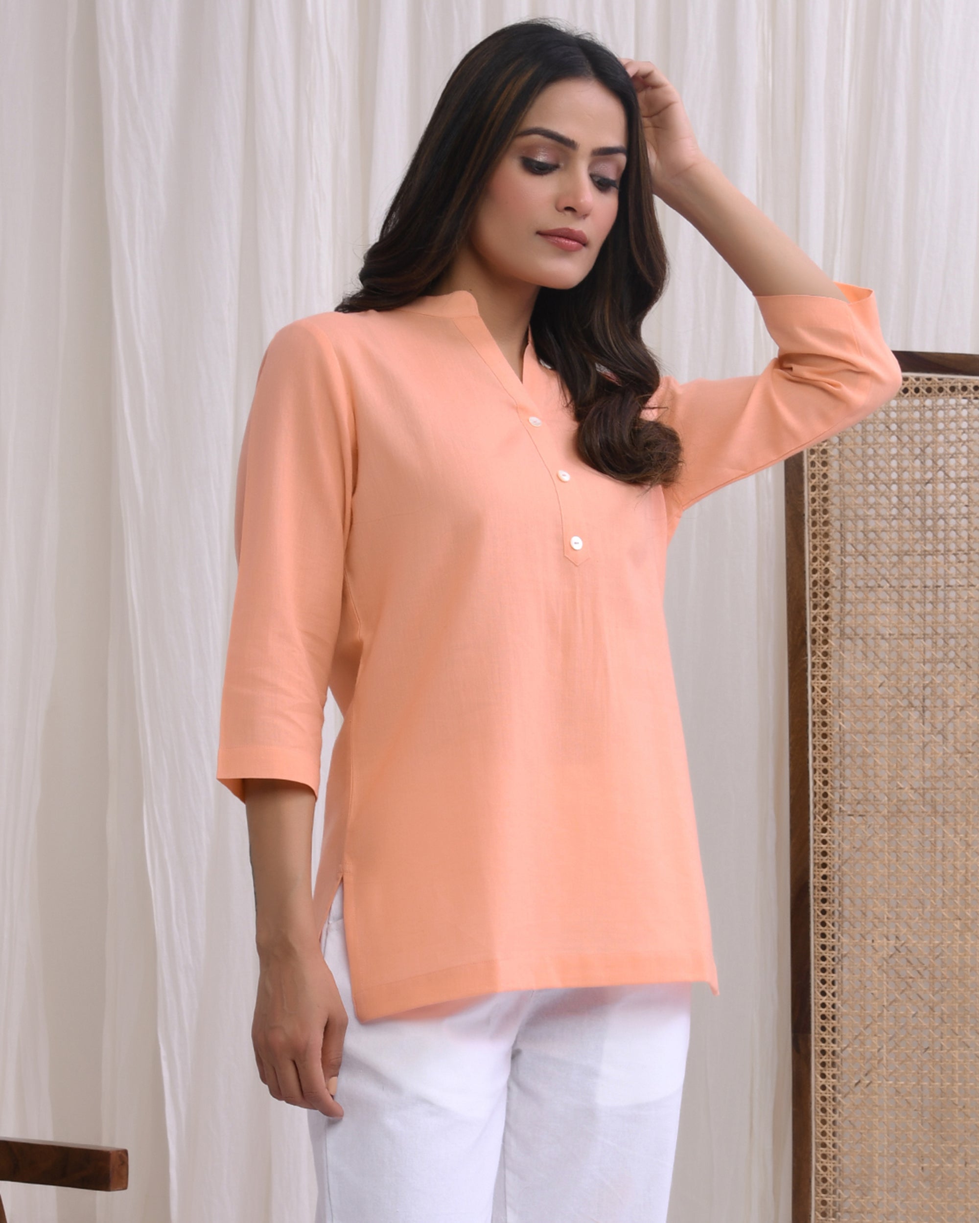 Peach Airy Linen Short Kurta