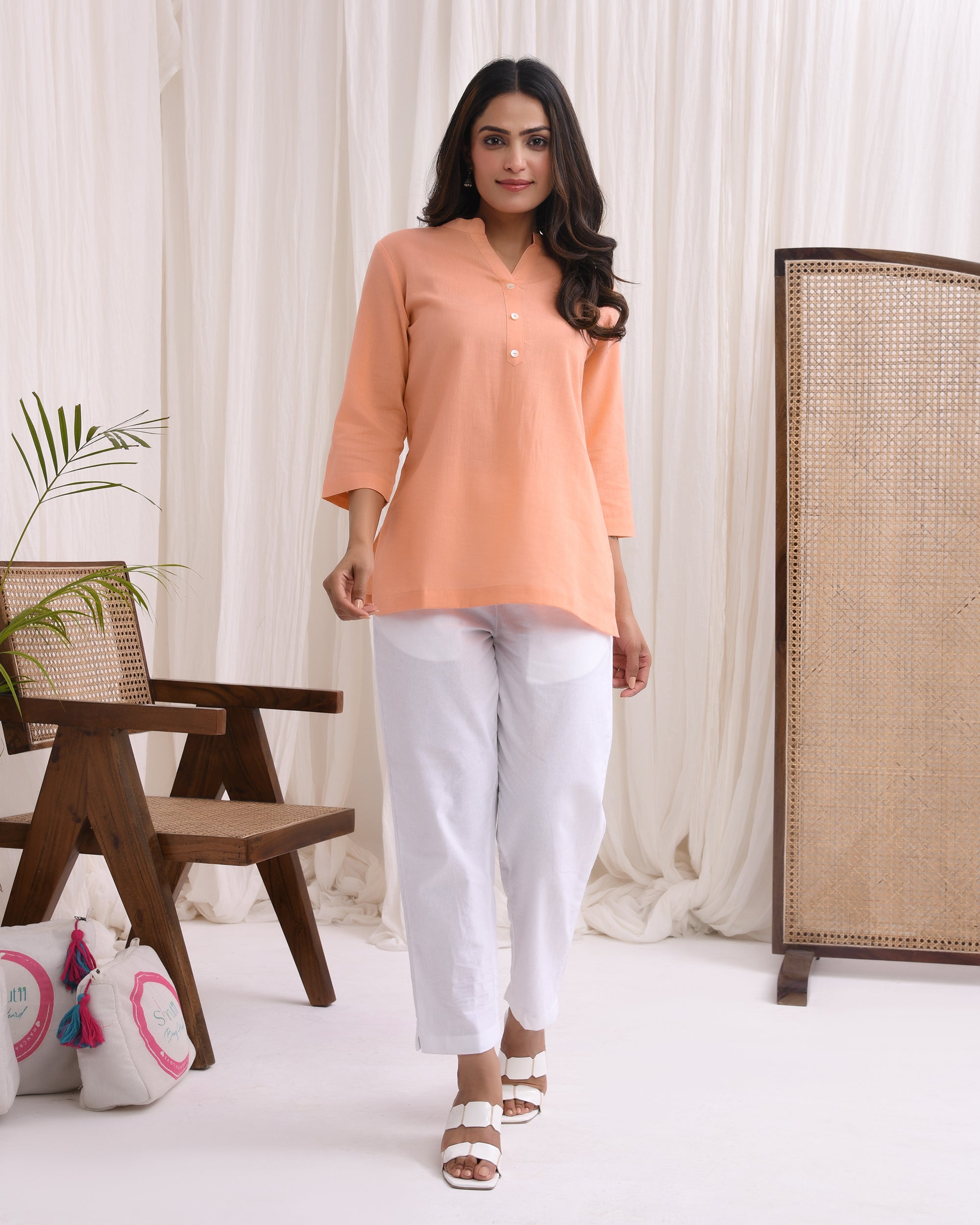 Peach Airy Linen Short Kurta