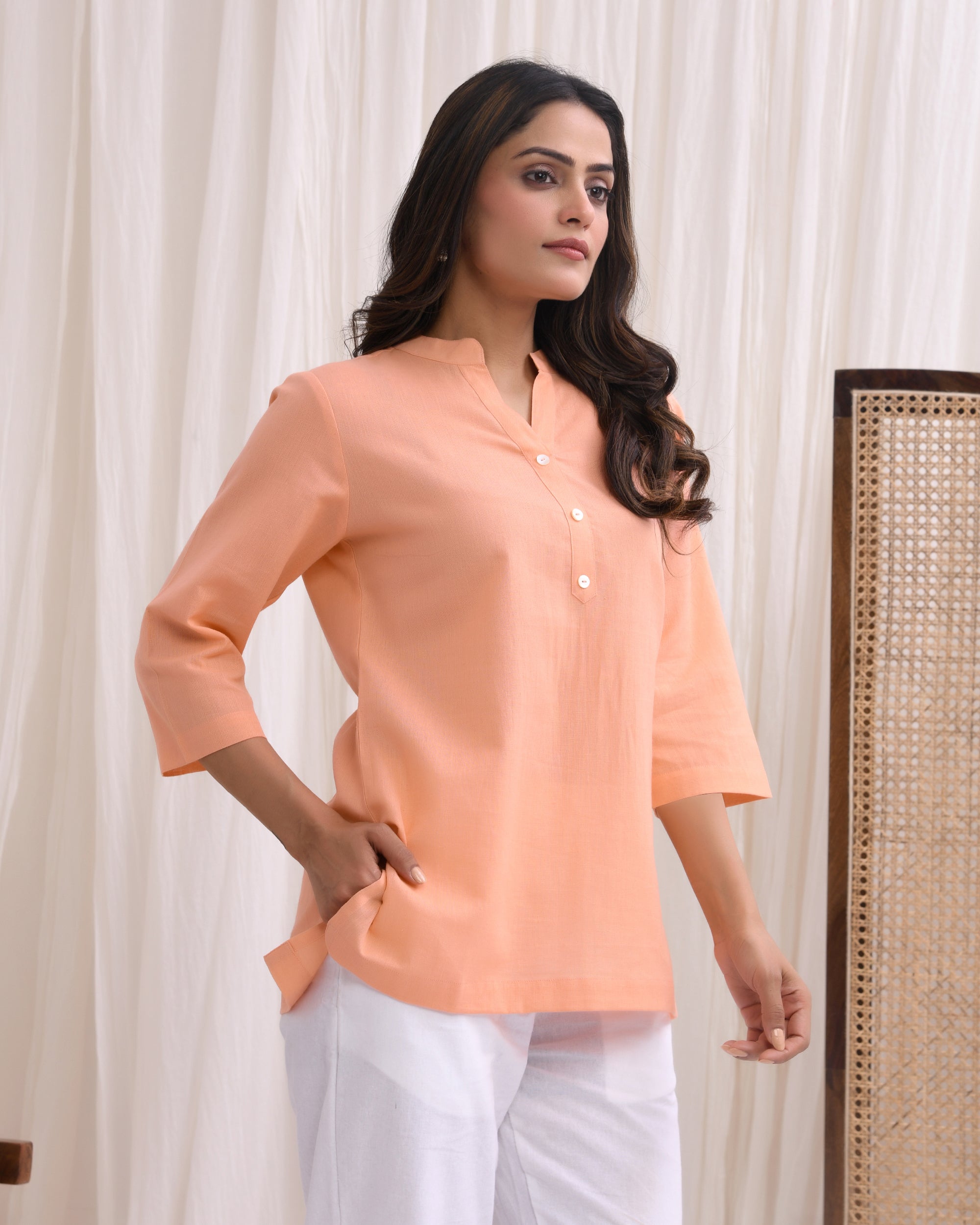 Peach Airy Linen Short Kurta