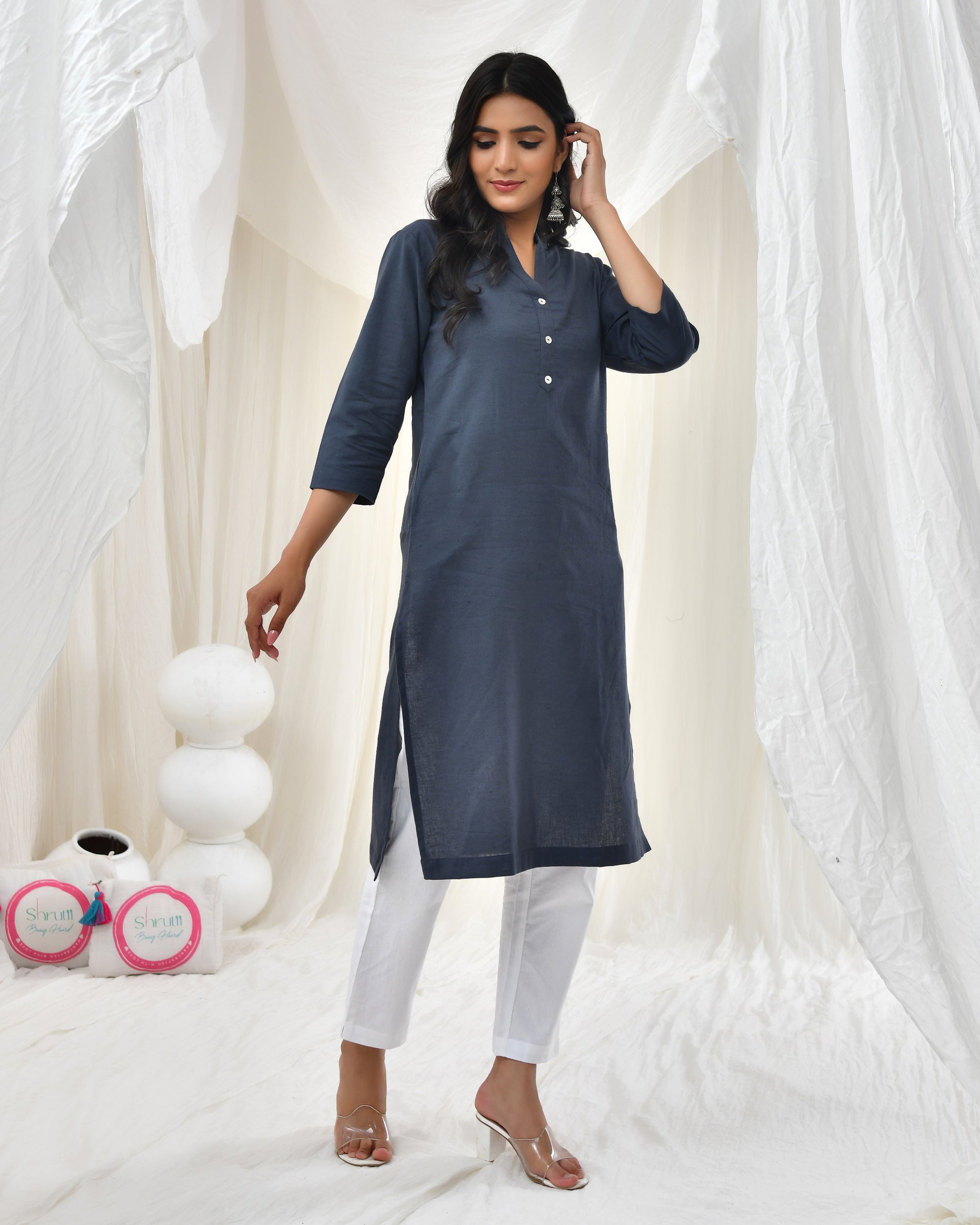Cement Grey Airy Linen Long Kurta