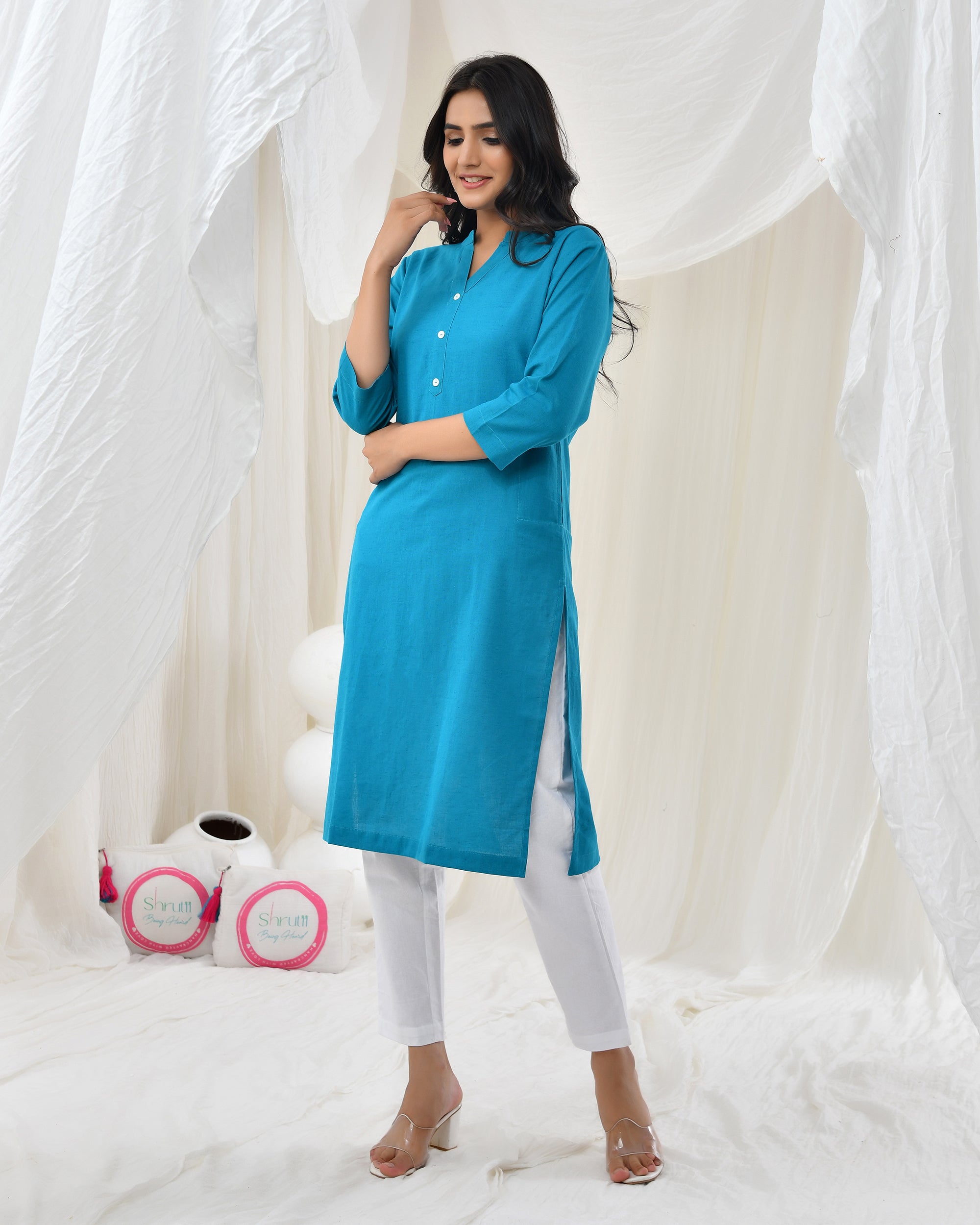 Turquoise Airy Linen Long Kurta