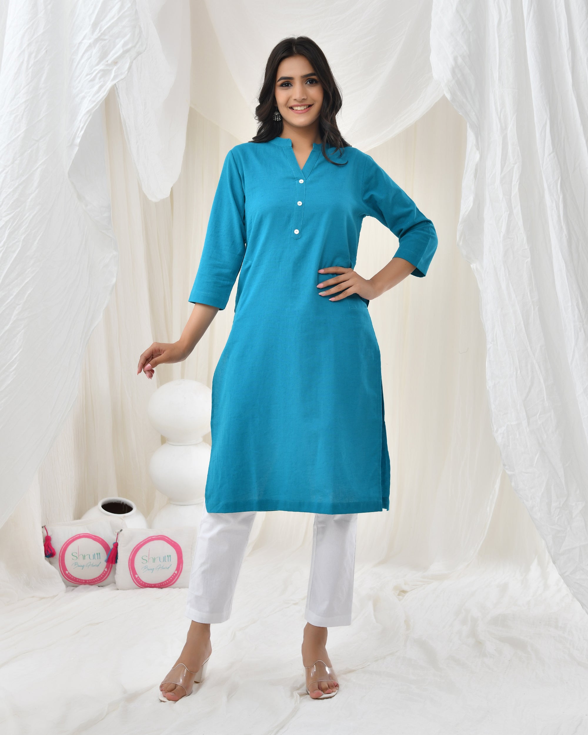 Turquoise Airy Linen Long Kurta