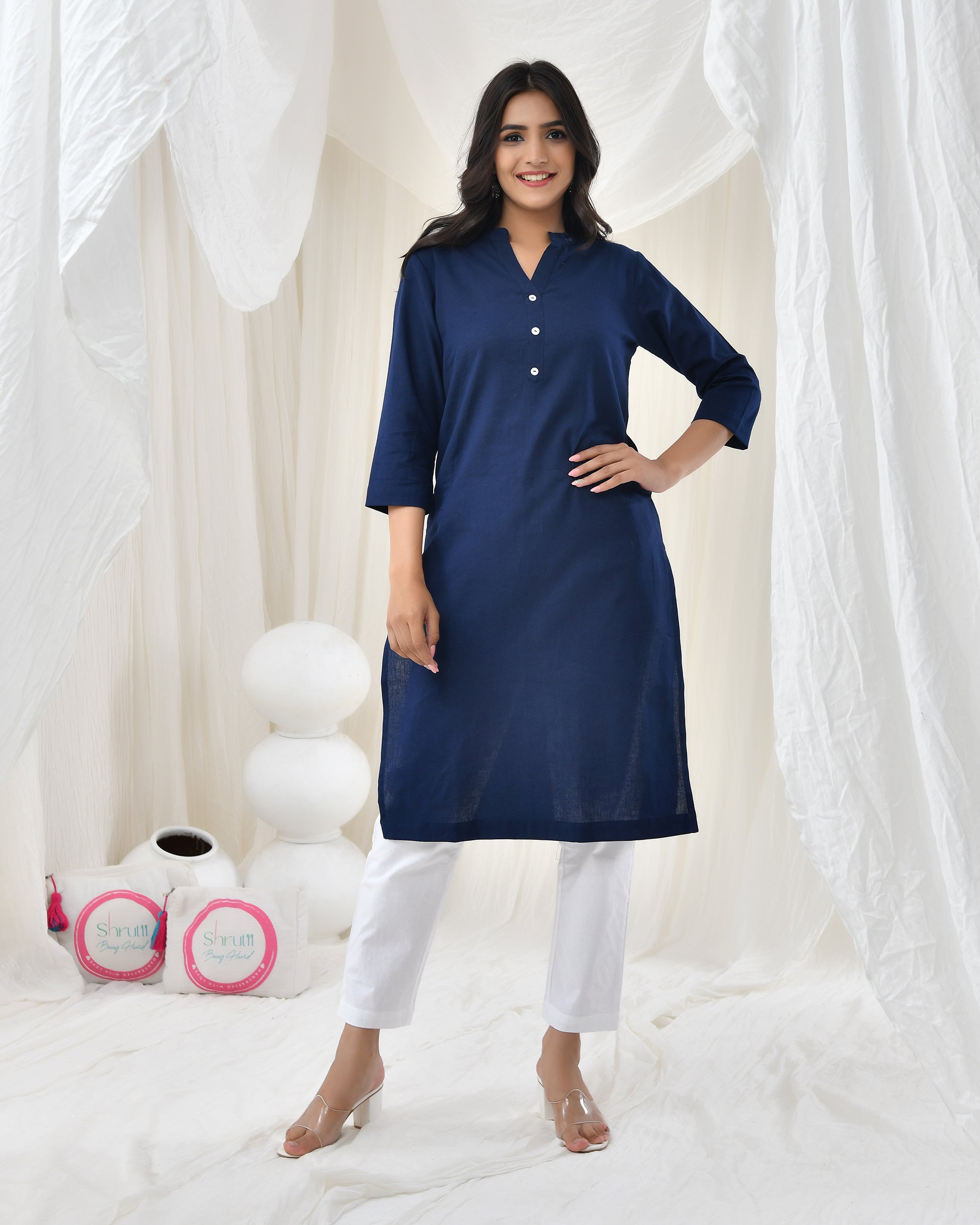 Navy Blue Airy Linen Long Kurta