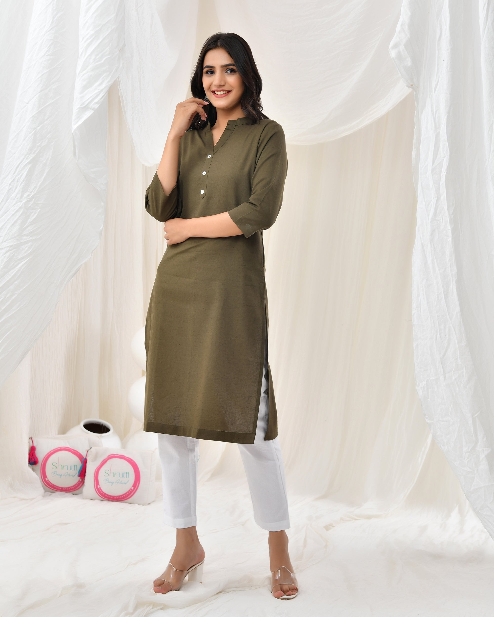 Olive Green Airy Linen Long Kurta