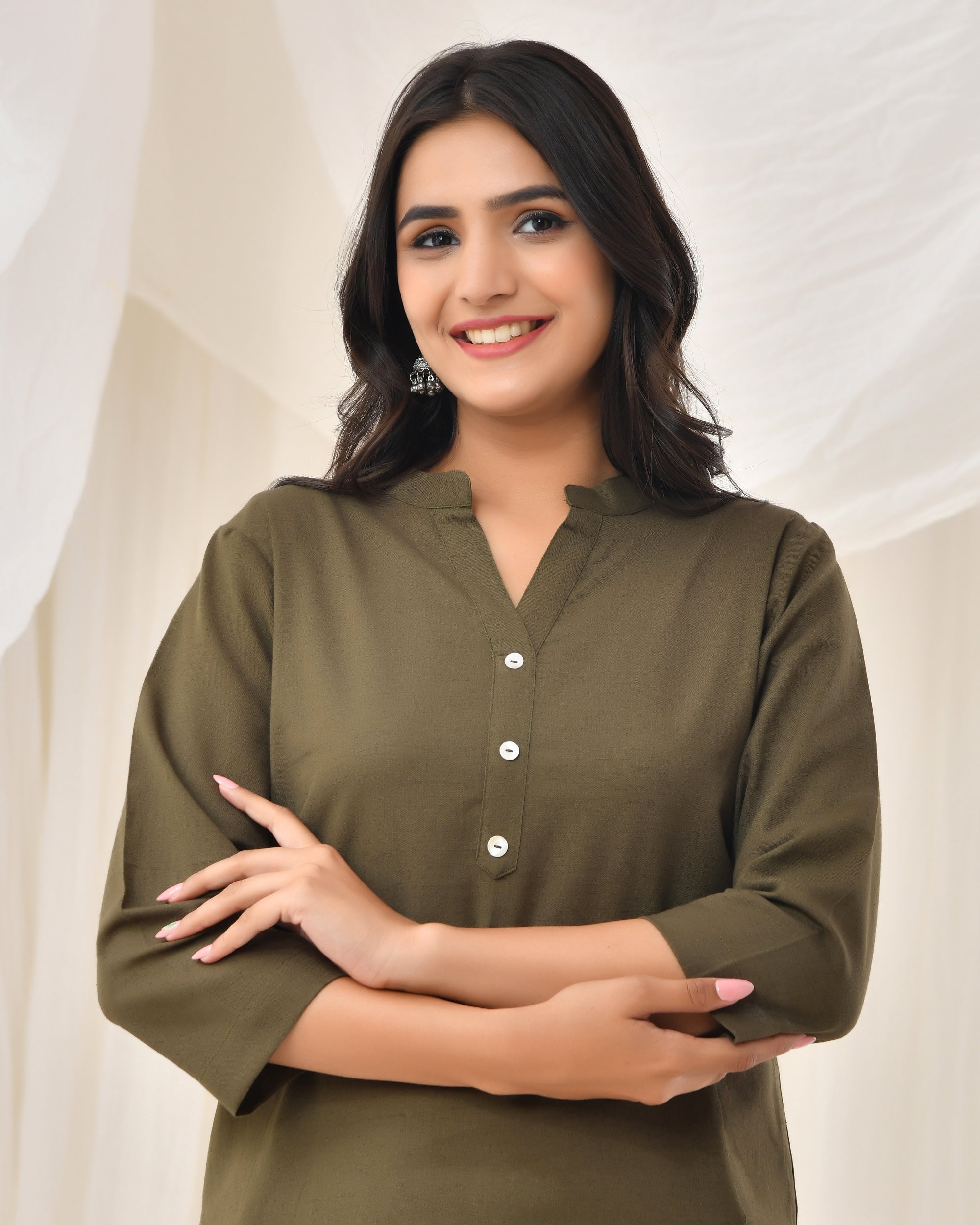 Olive Green Airy Linen Long Kurta