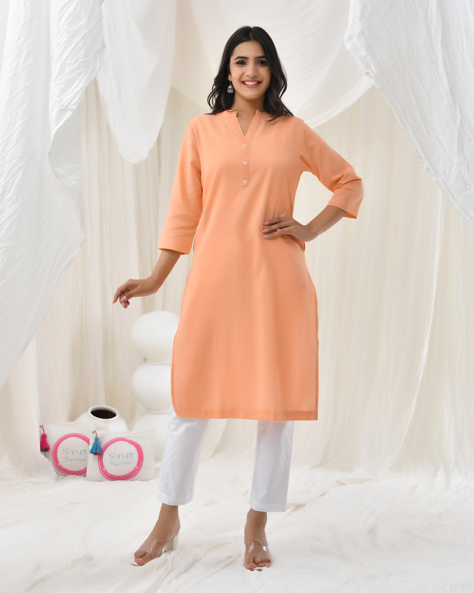 Peach Cotton A-line Kurta