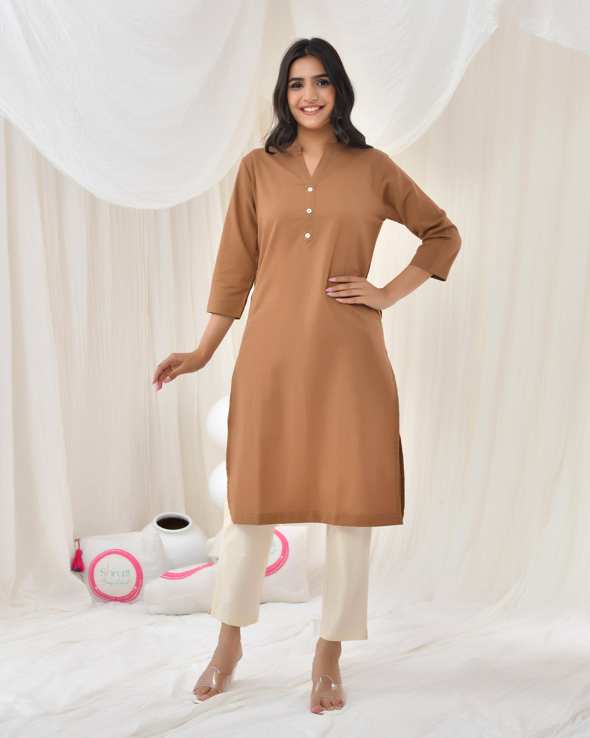 Camel Brown Airy Linen Long Kurta