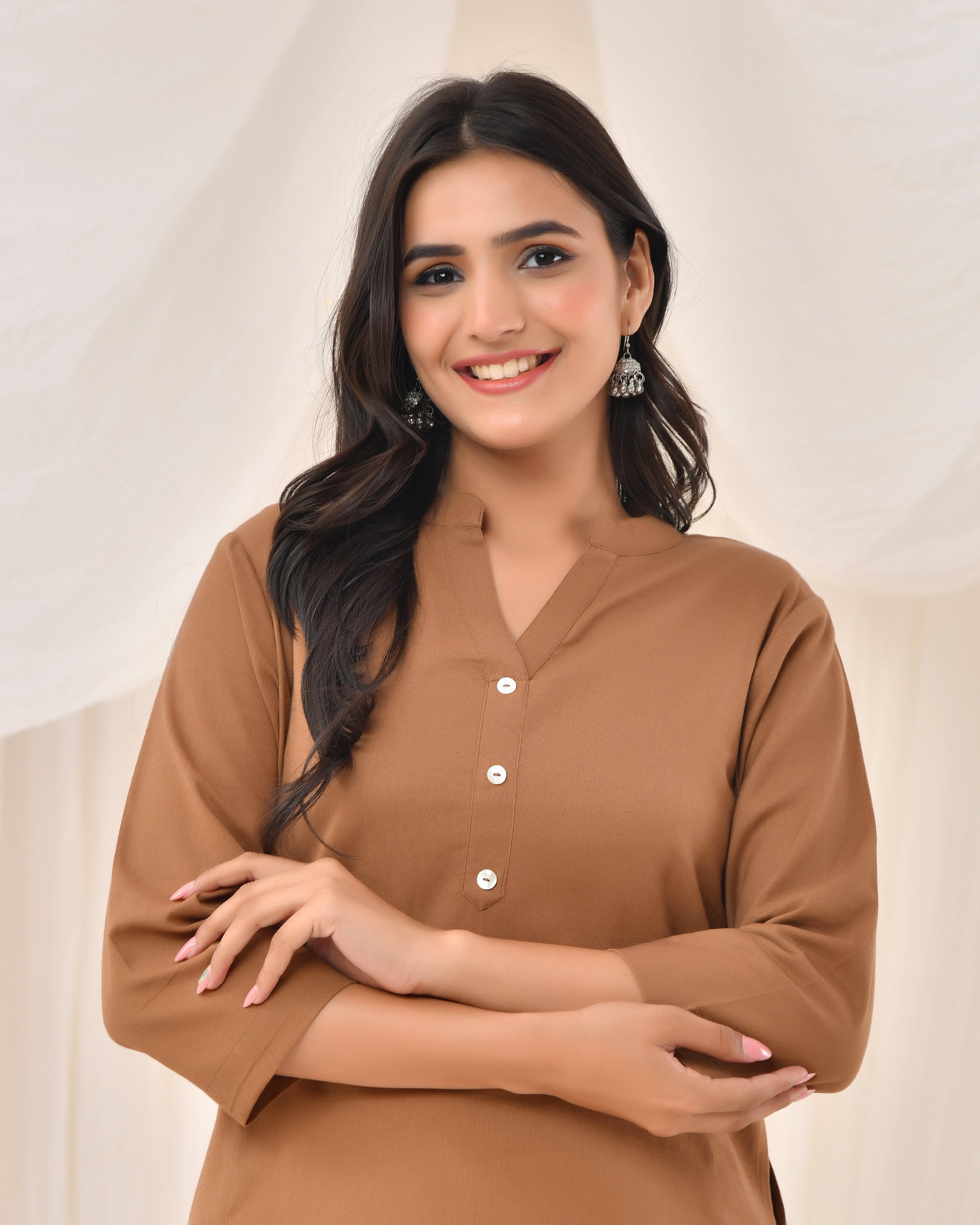 Camel Brown Airy Linen Long Kurta