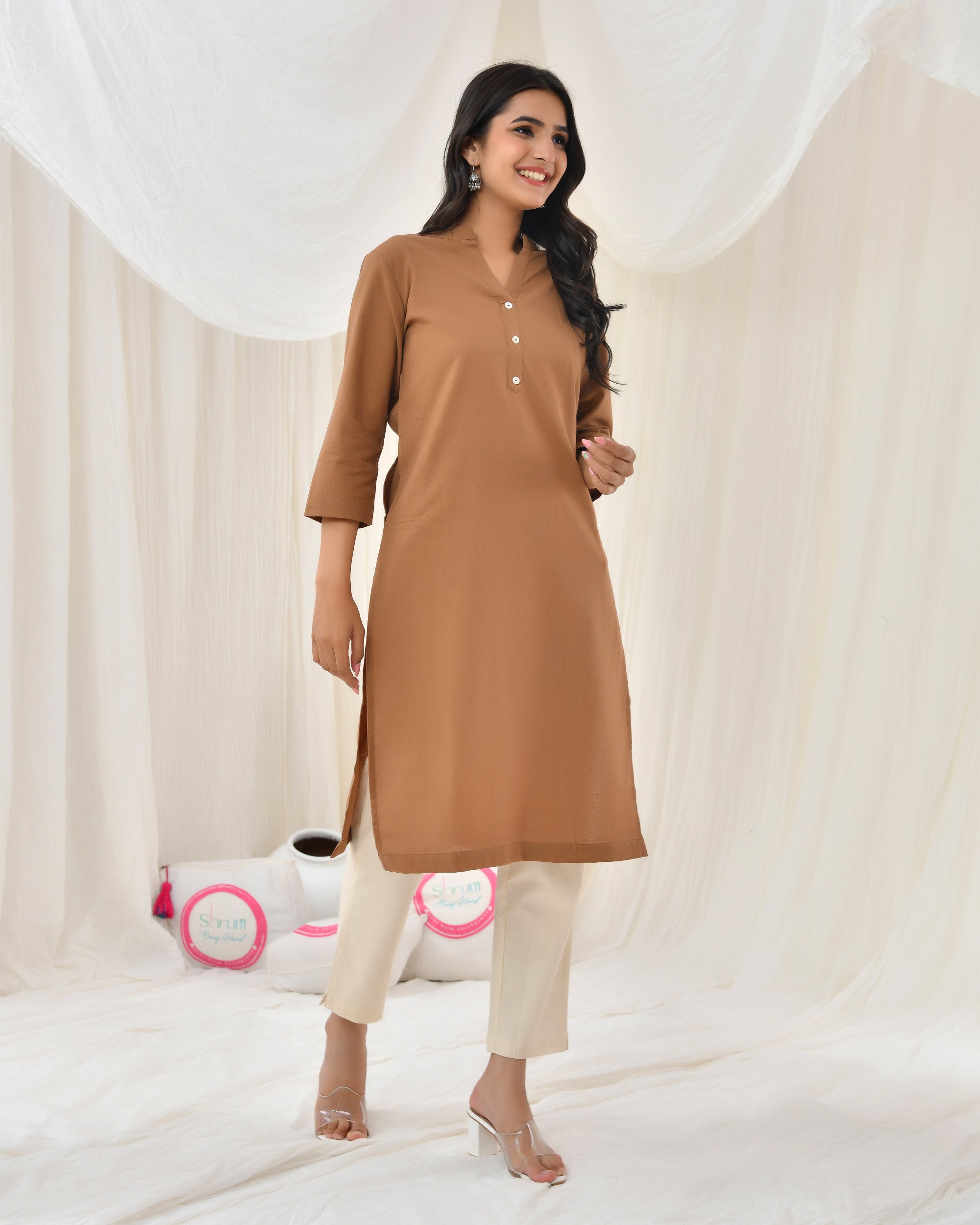 Camel Brown Airy Linen Long Kurta