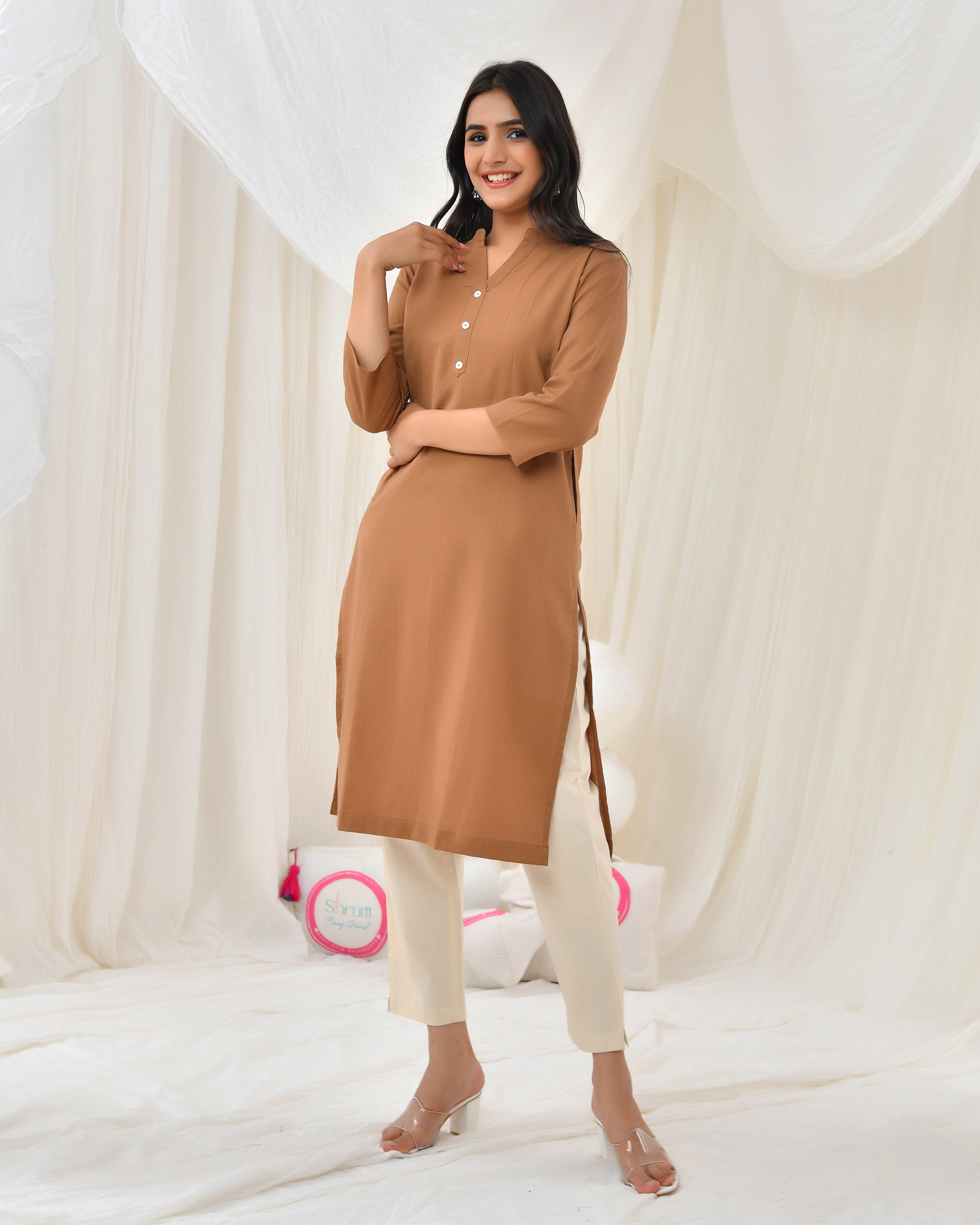 Camel Brown Airy Linen Long Kurta
