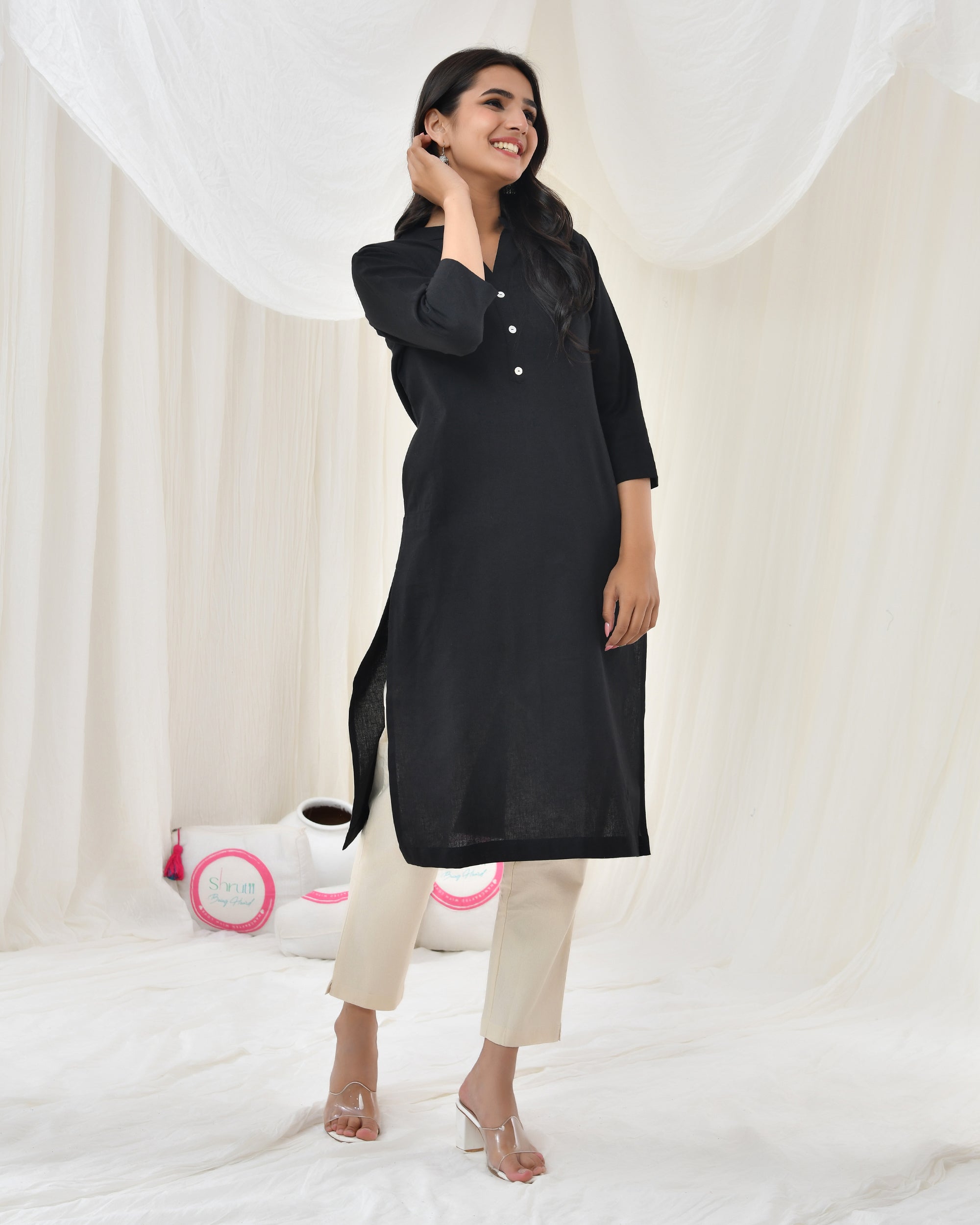 Kohl Black Airy Linen Long Kurta