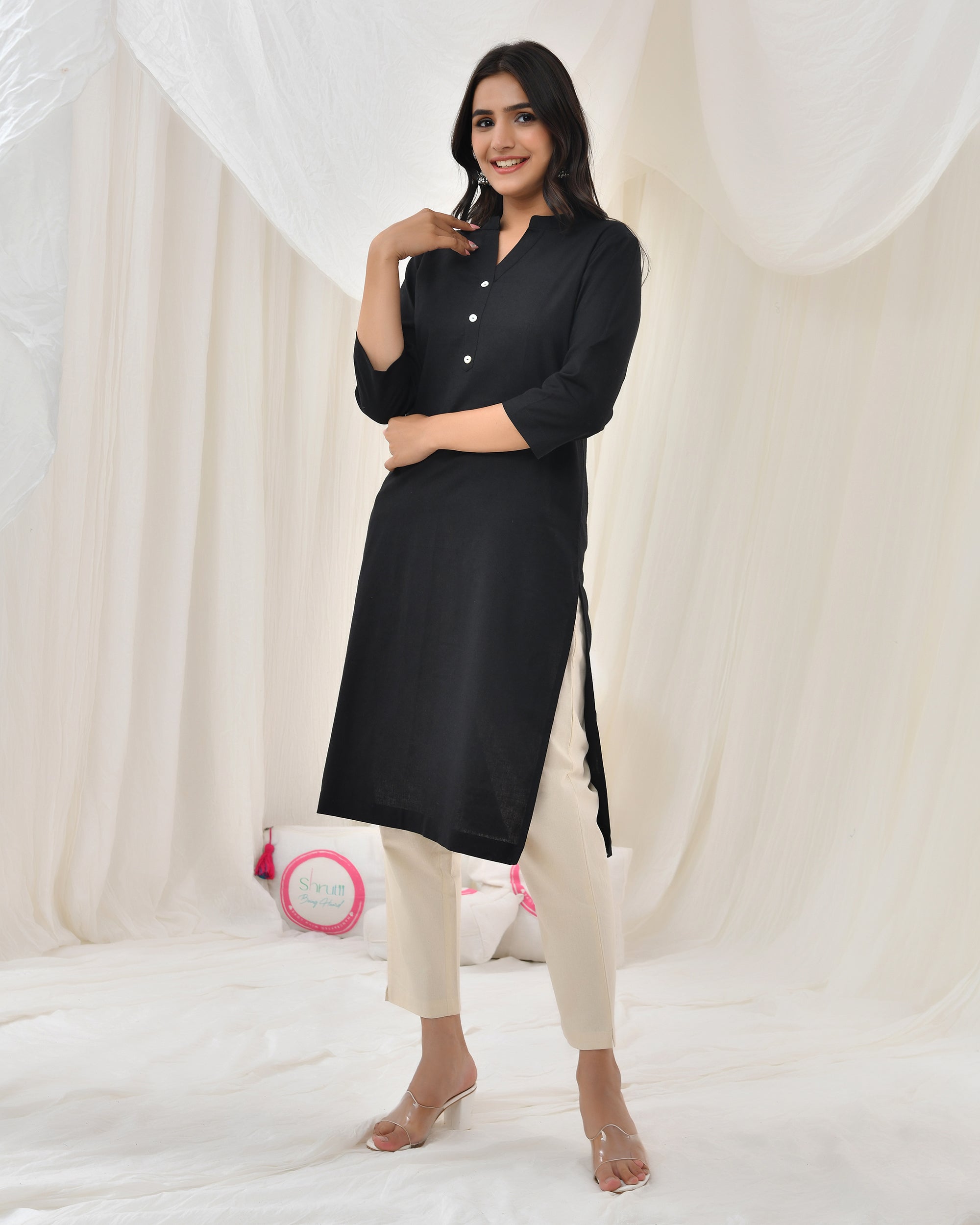 Kohl Black Airy Linen Long Kurta