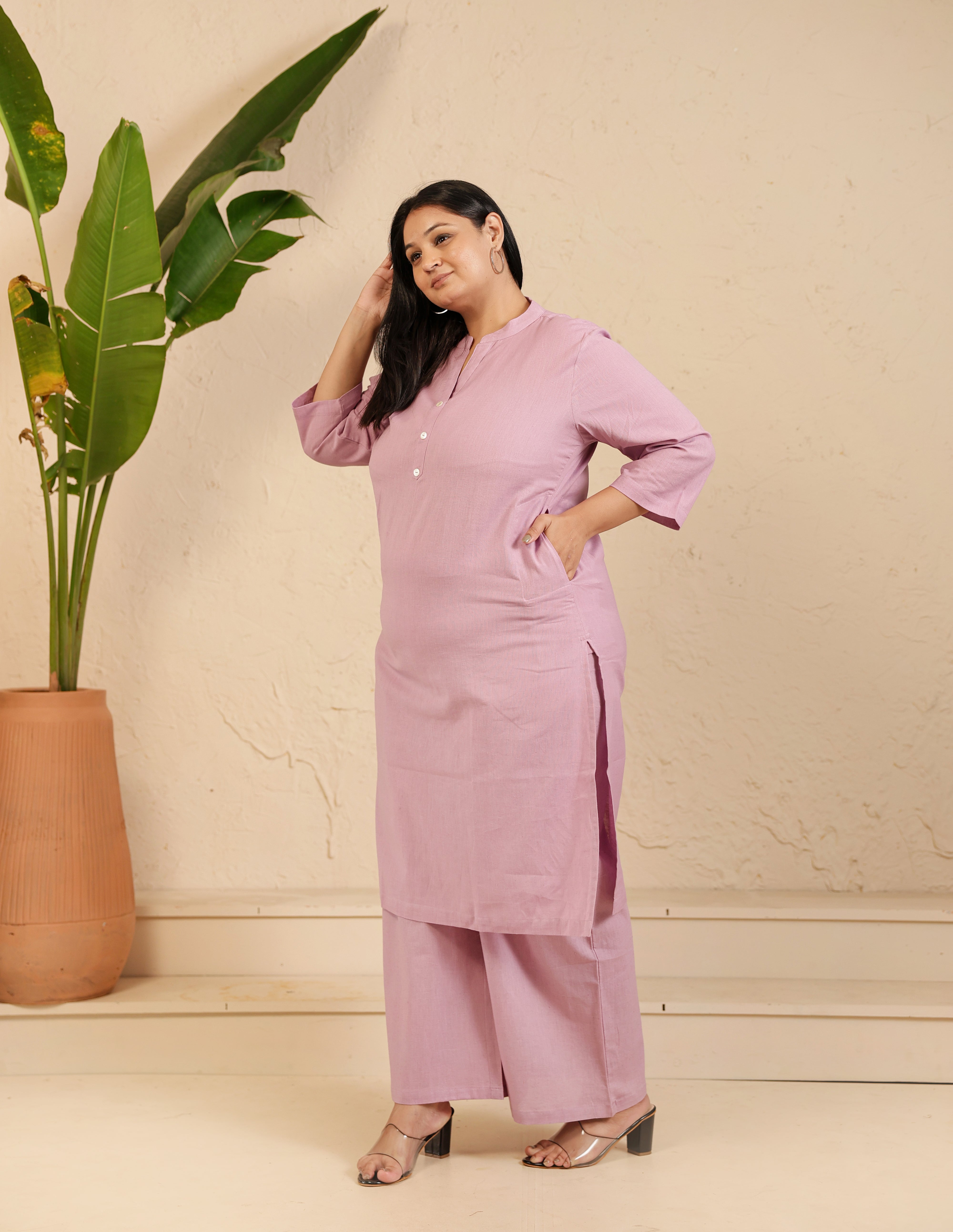 Lilac Airy Linen Long Kurta Co-ord Set
