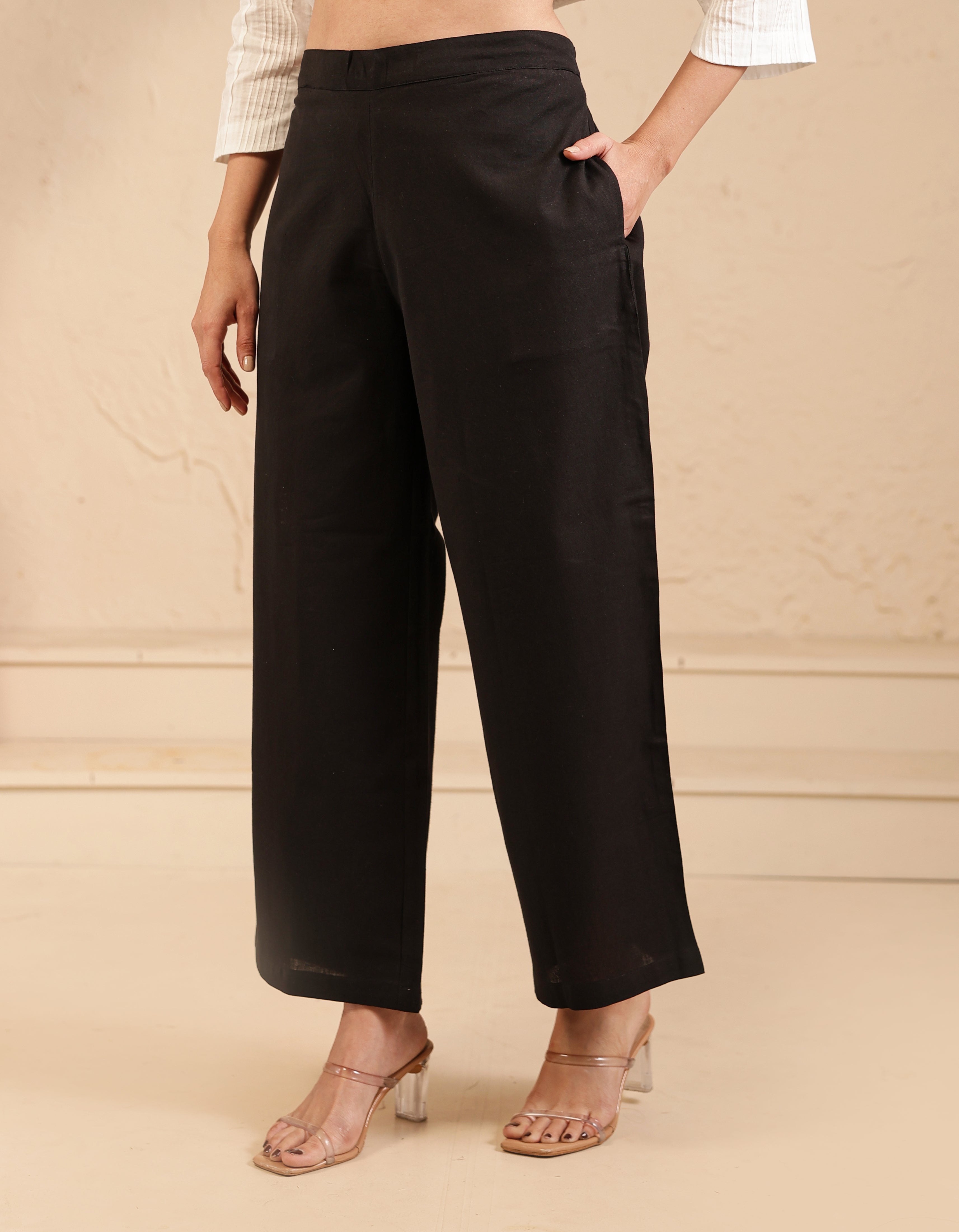 Black Airy Linen Wide Leg Pant