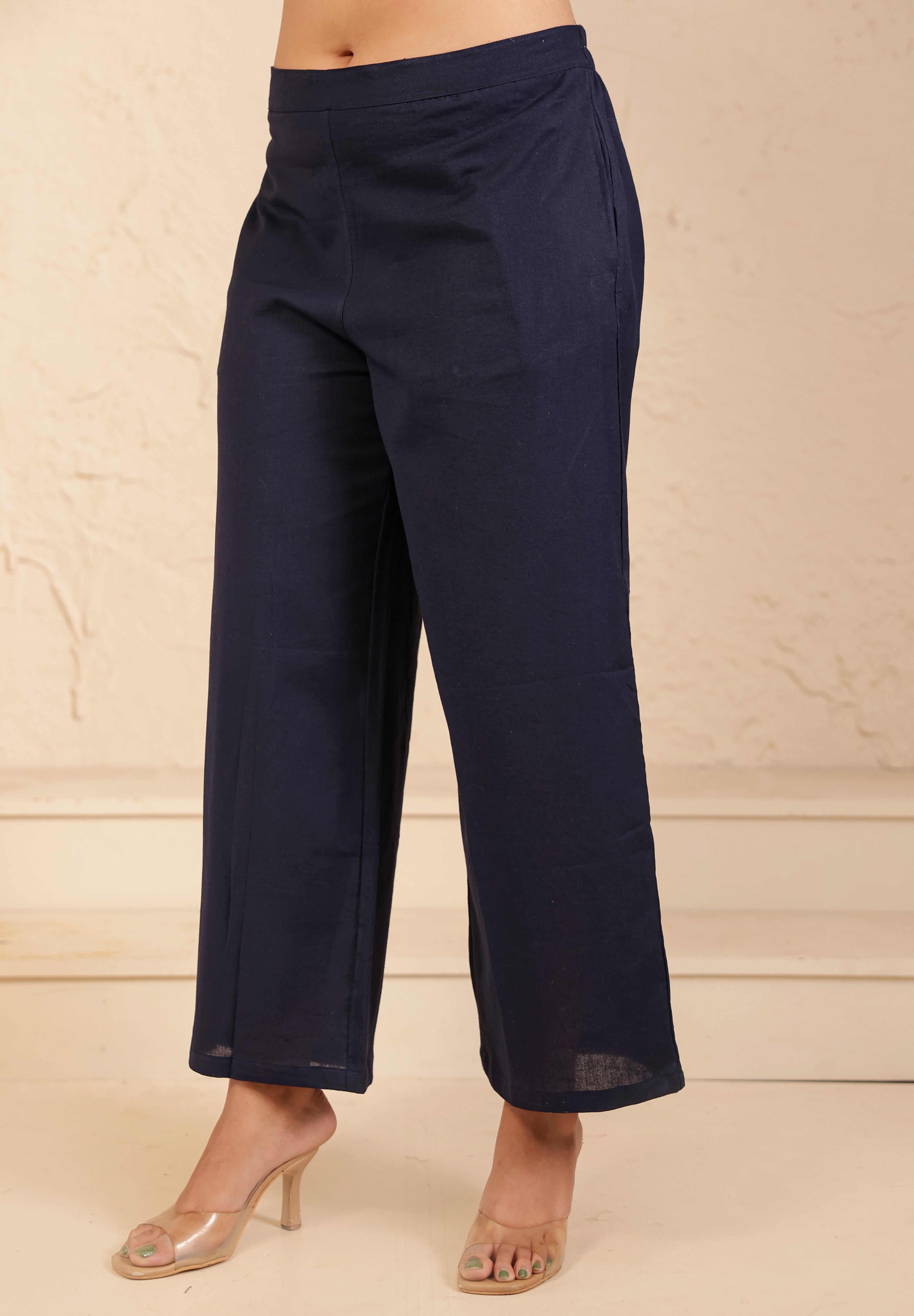 Navy Blue Airy Linen Wide Leg Pant