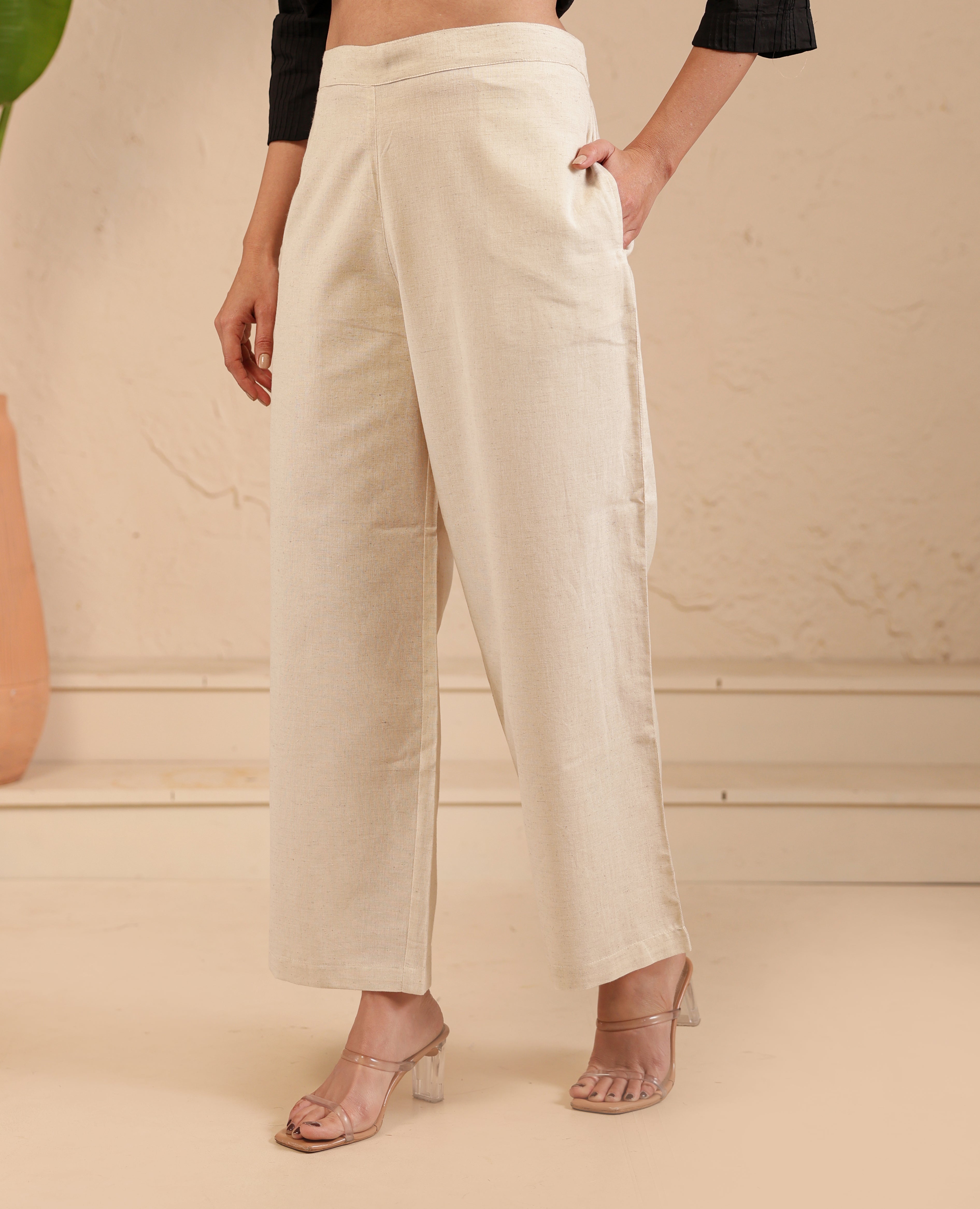 Ecru Airy Linen Wide Leg Pant