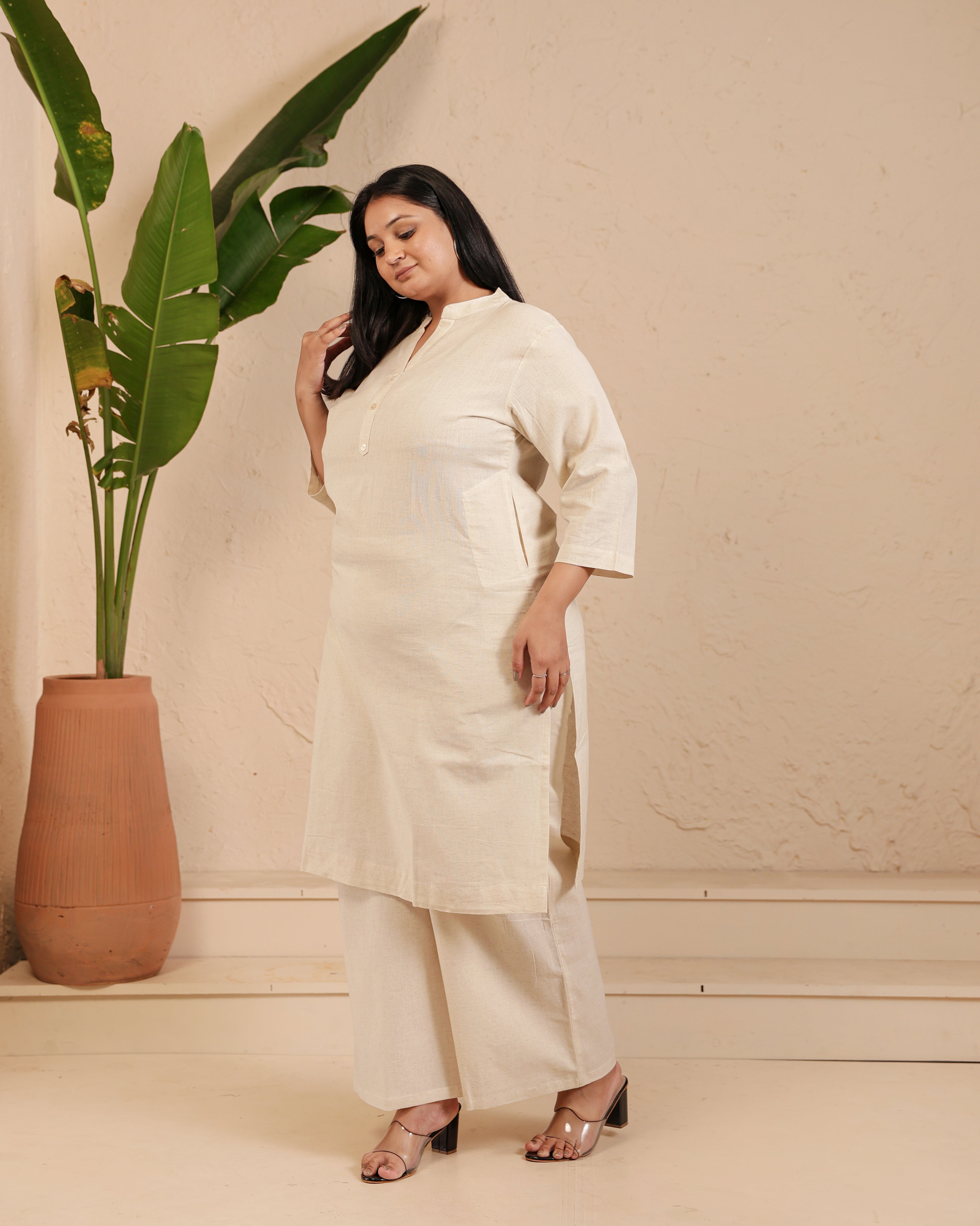 Ecru Airy Linen Long Kurta Co-ord Set
