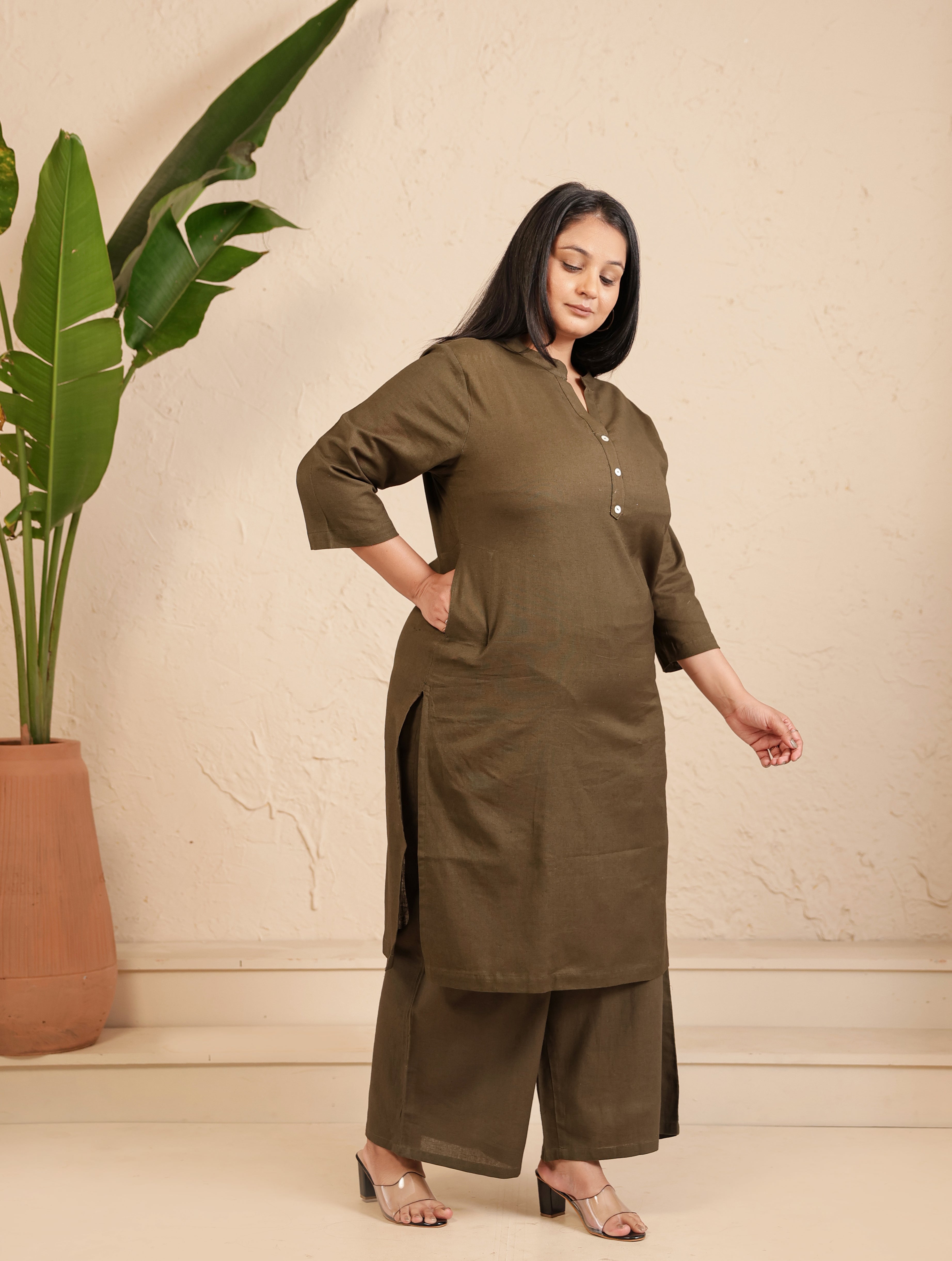 Olive Green Airy Linen Long Kurta Co-ord Set