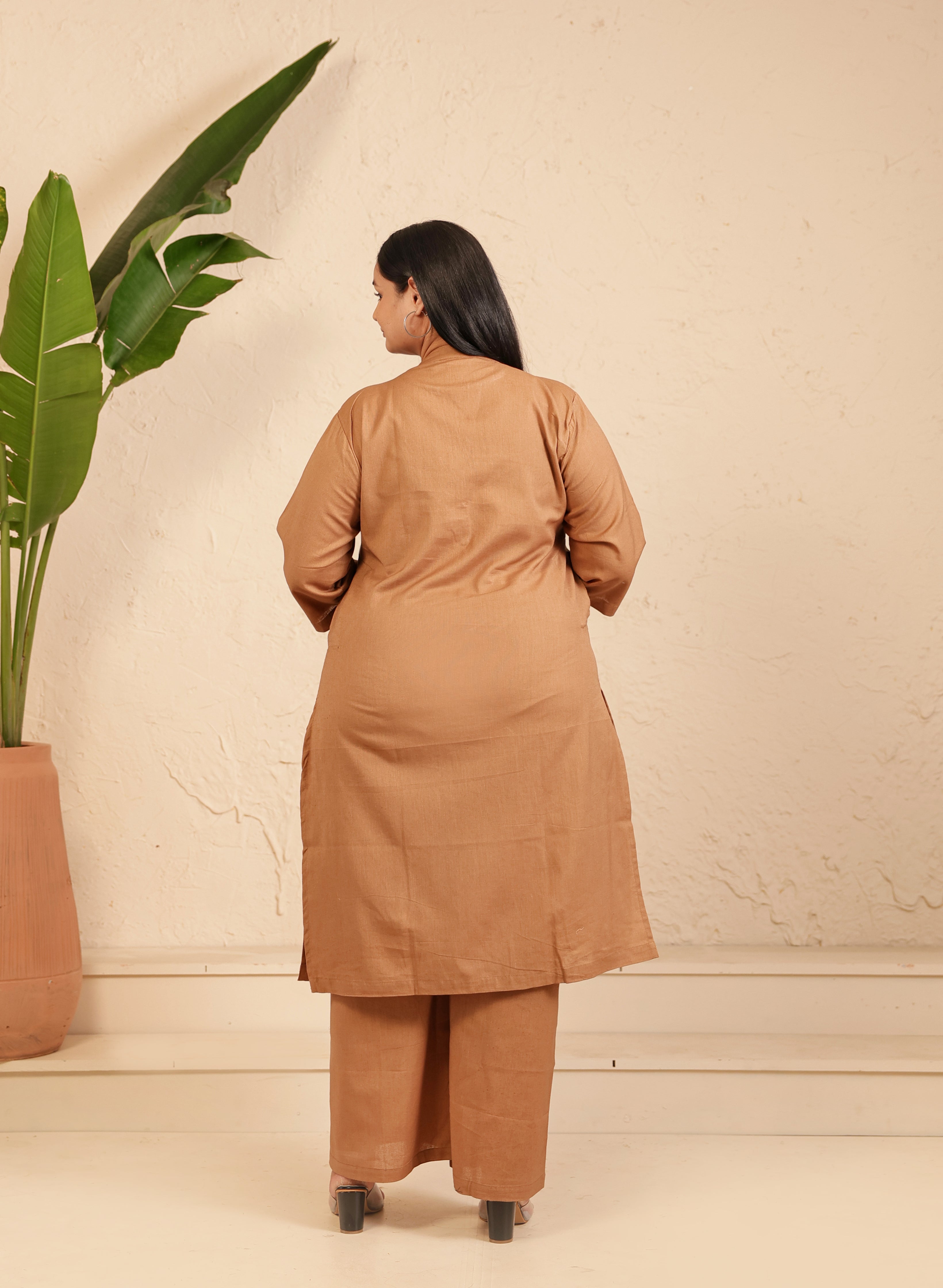 Camel Brown Airy Linen Long Kurta Co-ord Set