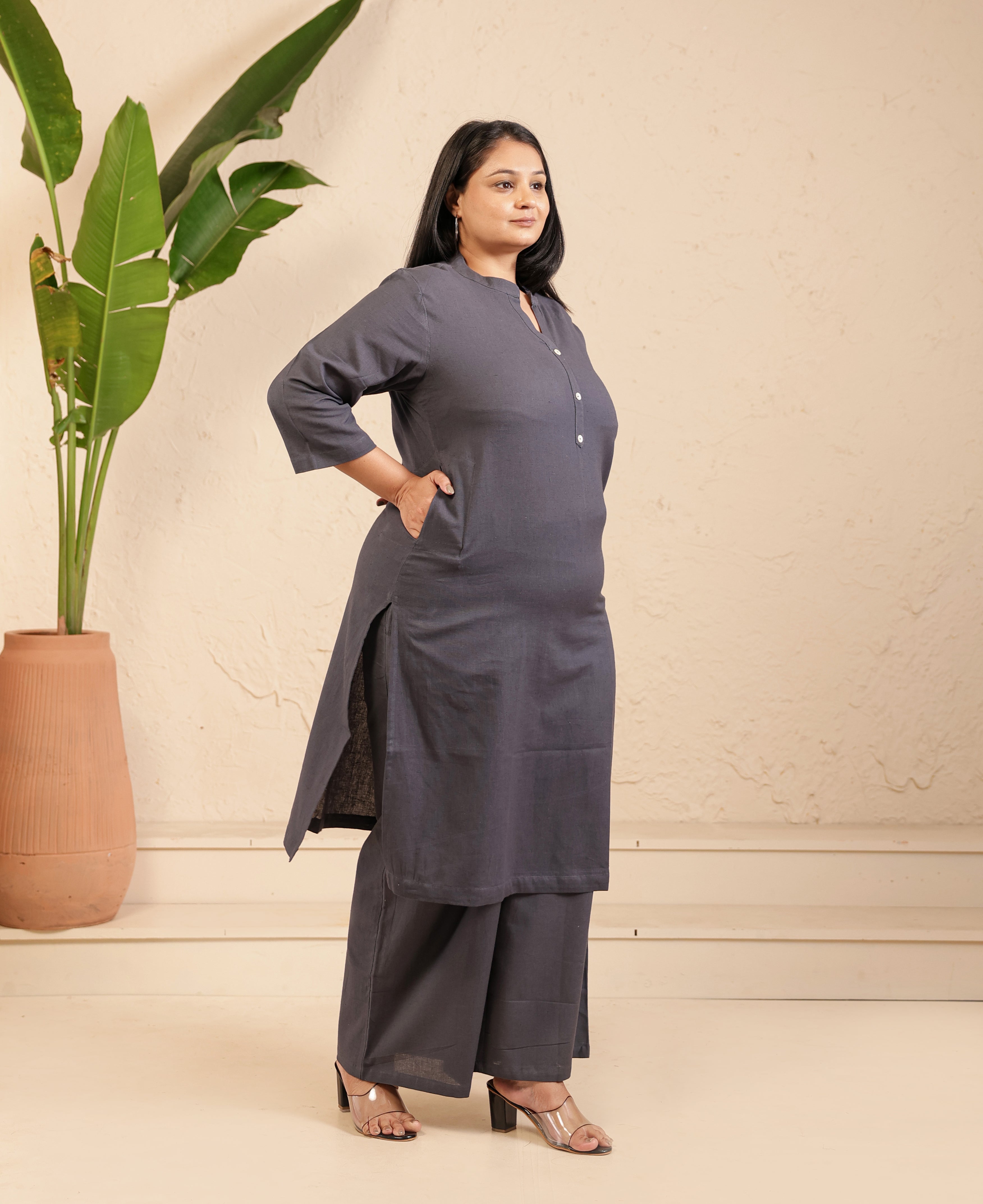 Cement Grey Airy Linen Long Kurta Co-ord Set