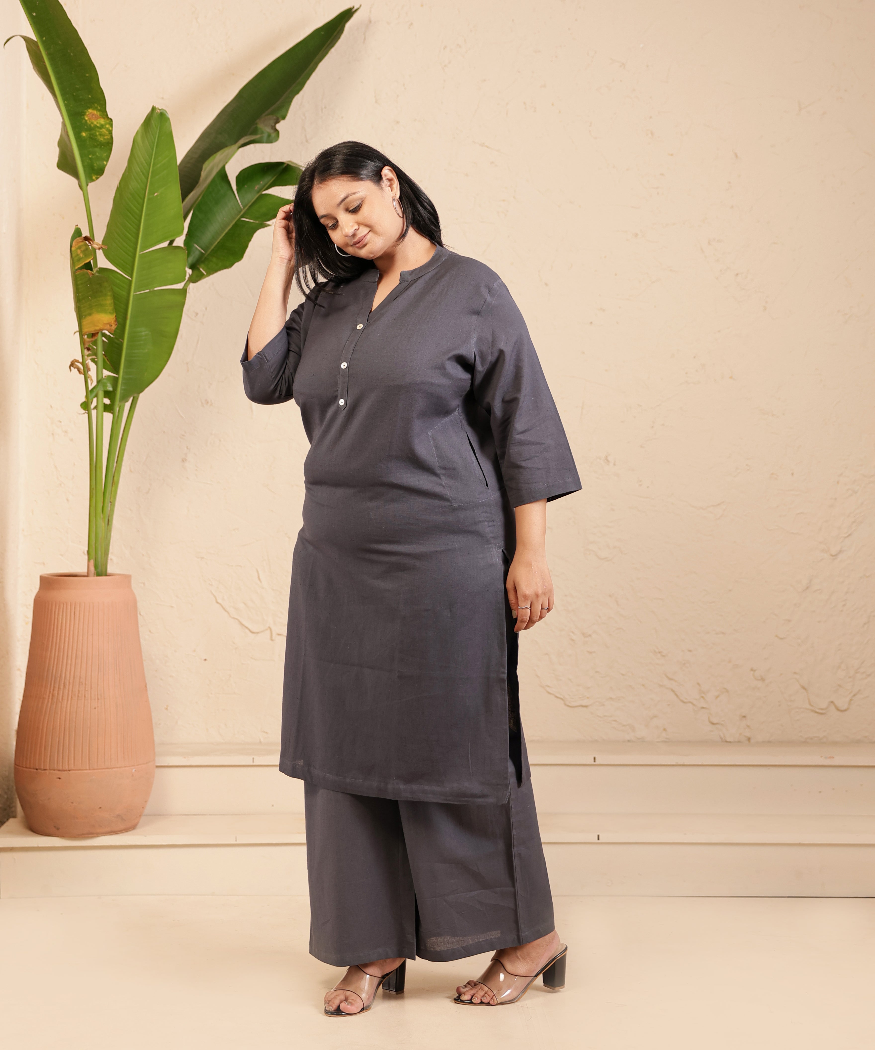 Cement Grey Airy Linen Long Kurta Co-ord Set