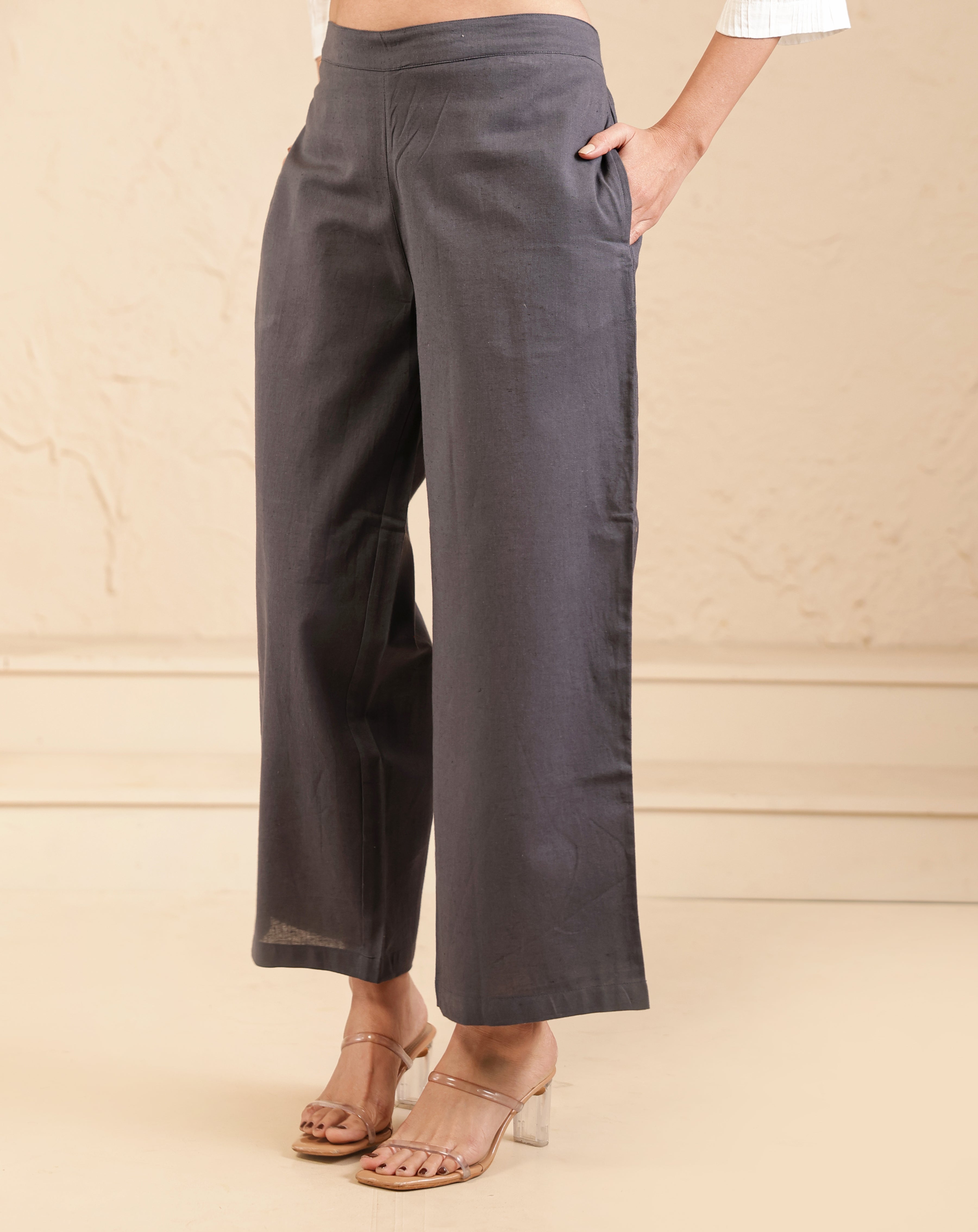 Cement Grey Airy Linen Wide Leg Pant