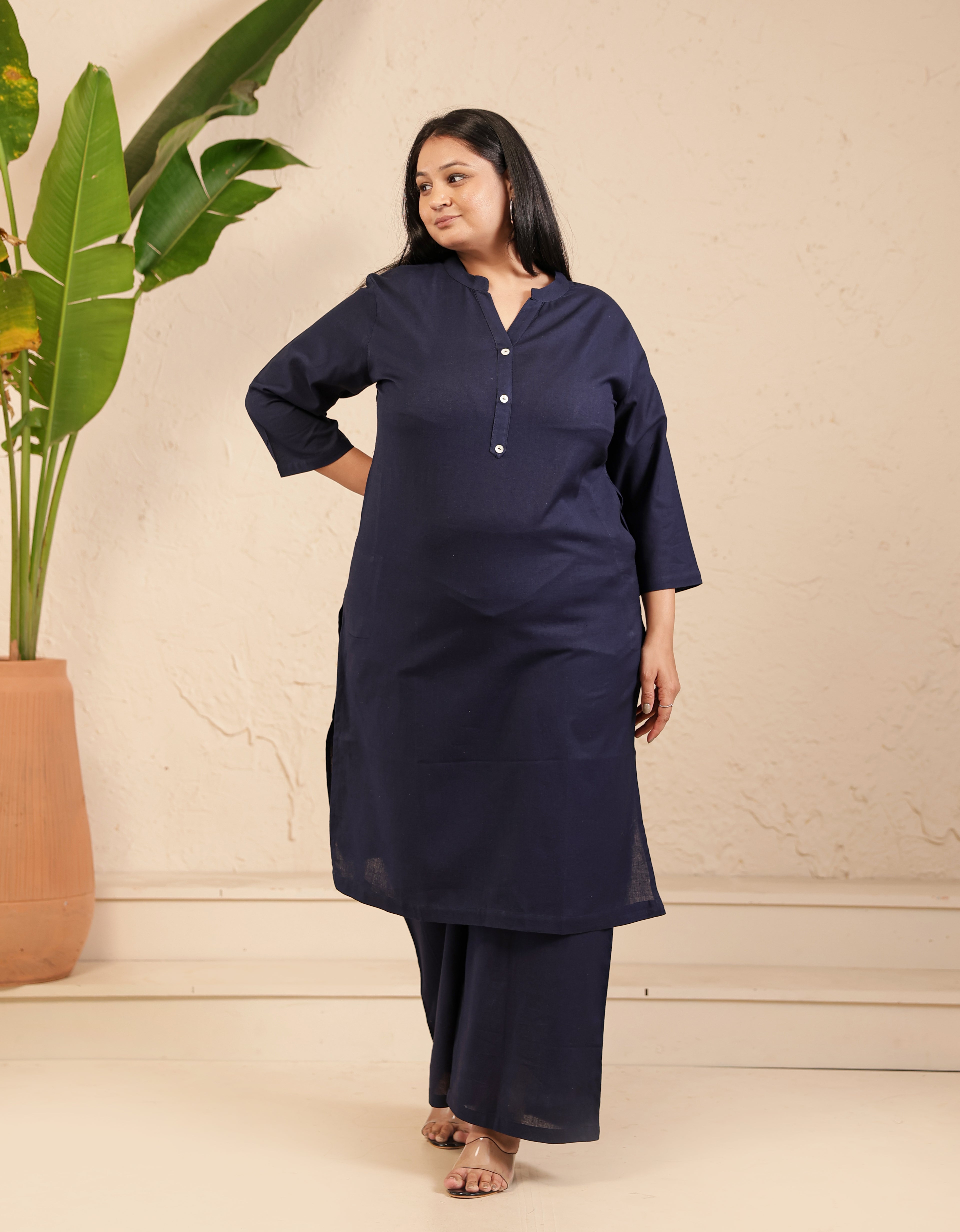 Navy Blue Airy Linen Long Kurta Co-ord Set